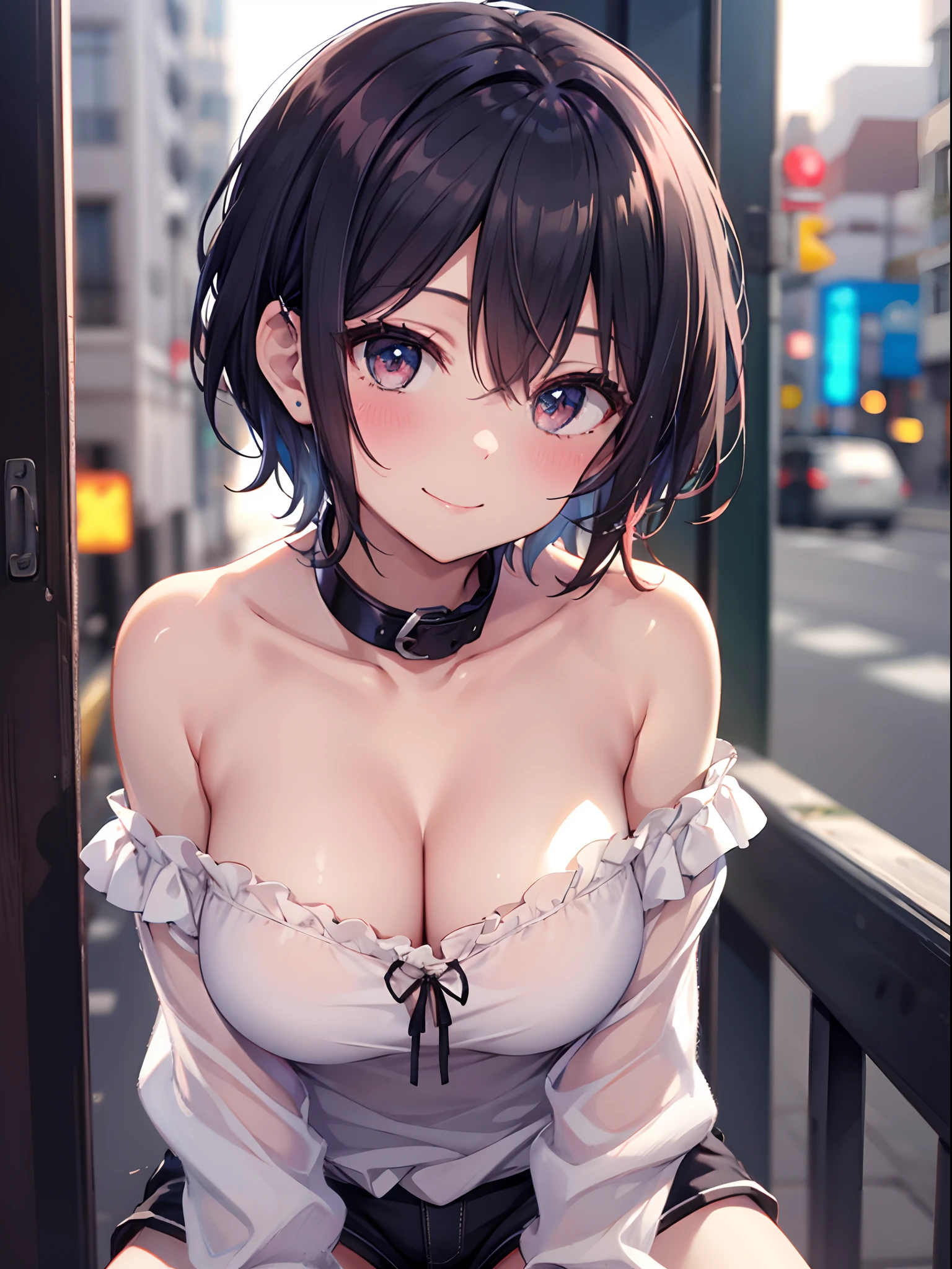 1girl in, (Chiquita:1.2), sarashina_ruka, Short hair, Dark hair,
(Close Shot, Best Quality, hight resolution, 4K, Detailed Lighting, Shaders, NSFW),
White off-the-shoulder shirt, cleavage, Shorts, Street background, Smiling,Strapless, Collar,
POV, girl on top,
Straddling,
(POV, Blushing)