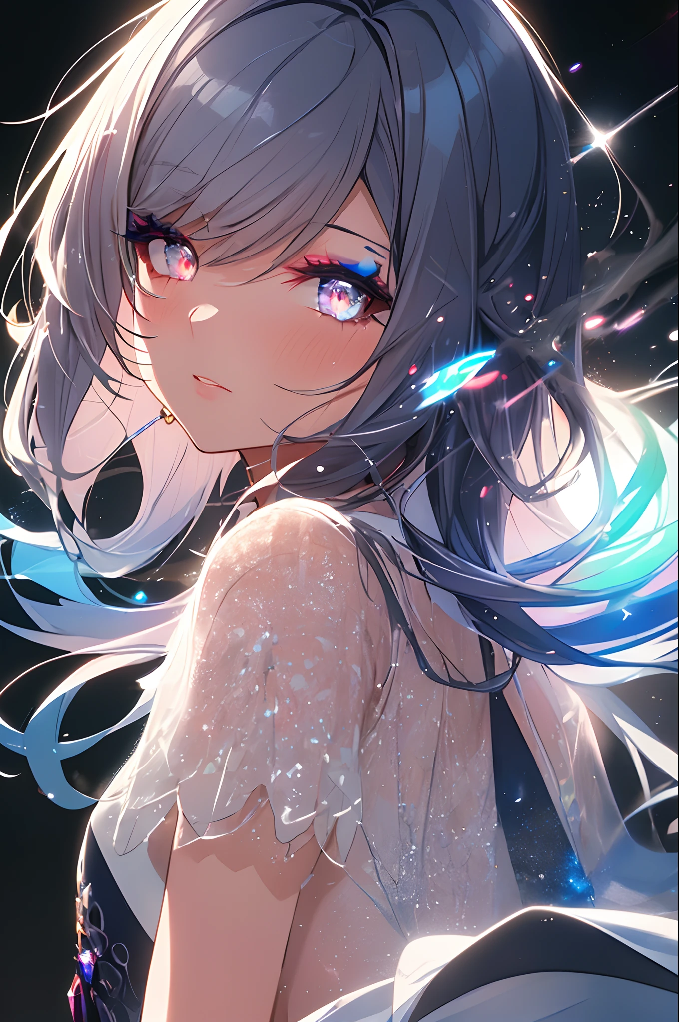 (Masterpiece:1.2), best quality, (illustration:1.2),(Masterfully crafted Glow, lens flare), (ultra-detailed), hyper details, (delicate detailed), (intricate details), (cinematic light, best quality Backlights), clear line, solo female, solo female, perfect body, (1girl), (bioluminescent hair:1.2), (glowing eyes), (Dynamic:1.2), ((makeup)), high contrast, (best illumination, an extremely delicate and beautiful), ((cinematic light)), colourful, powerful, (Cinematic masterpiece), Stick figure, splashes of colour, absolutely eye-catching, ((colourful paint splashes on  background, dulux,)), ((caustic)), dynamic angle, beautiful detailed smoke, (Captivating),(Intricately Detailed Cinematic  background:1.1), ambient occlusion, ambient light, ray-traced reflections, gem, sparkle, radiant aura, glowing hair