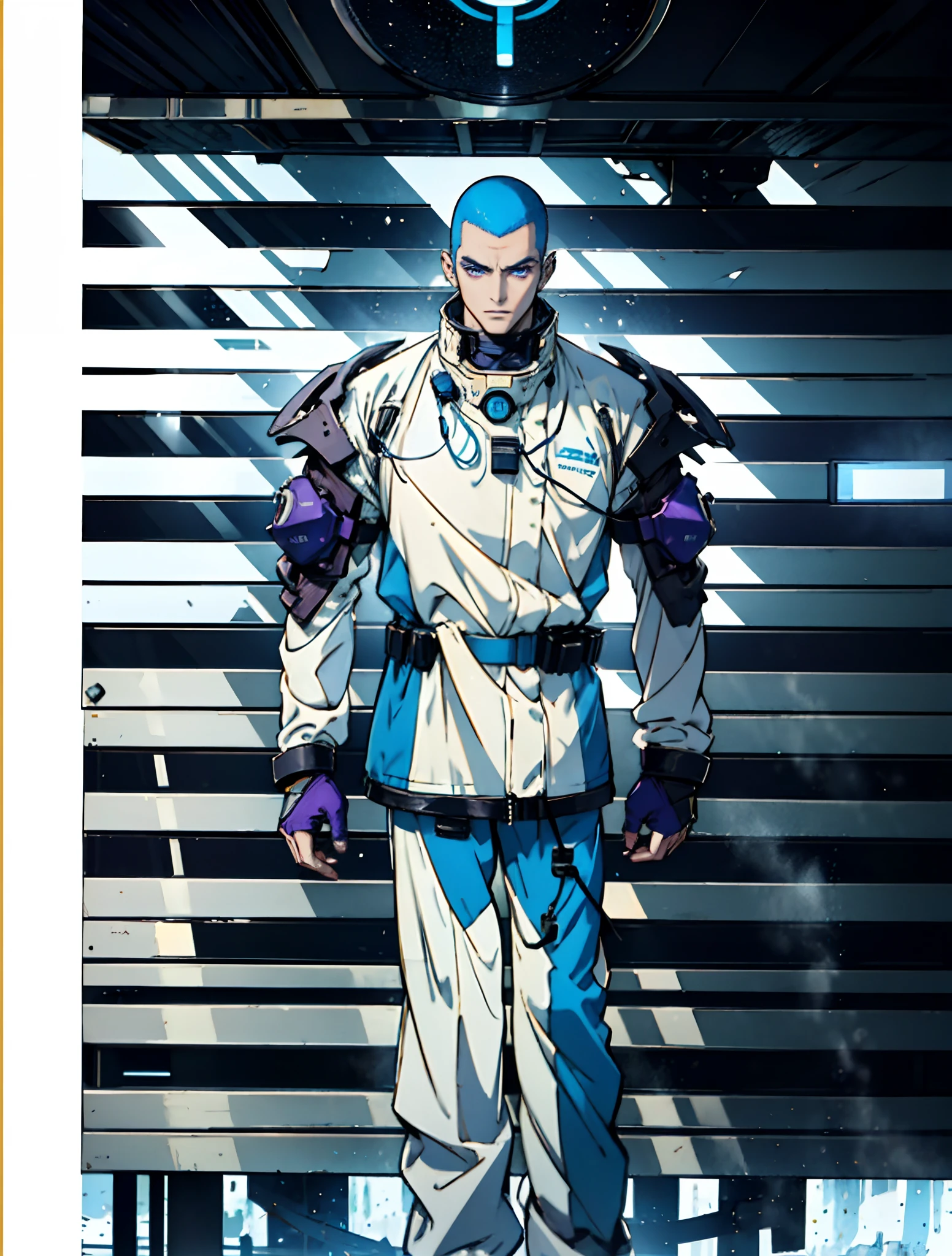 A man with a crew cut, a calm and rational expression, a wise gaze, wears a futuristic scientist's coat, primarily in shades of white, accented by touches of blue and purple, matching utility pants, standing in a mysterious laboratory of an ancient and advanced civilization, with a high-tech incubation tank emitting a faint glow in the background, this character embodies a finely crafted a futuristic sci-fi scientist in anime style, characterized by an exquisite and mature manga illustration art style, high definition, best quality, highres, ultra-detailed, ultra-fine painting, extremely delicate, professional, anatomically correct, symmetrical face, extremely detailed eyes and face, high quality eyes, creativity, RAW photo, UHD, 8k, Natural light, cinematic lighting, masterpiece:1.5