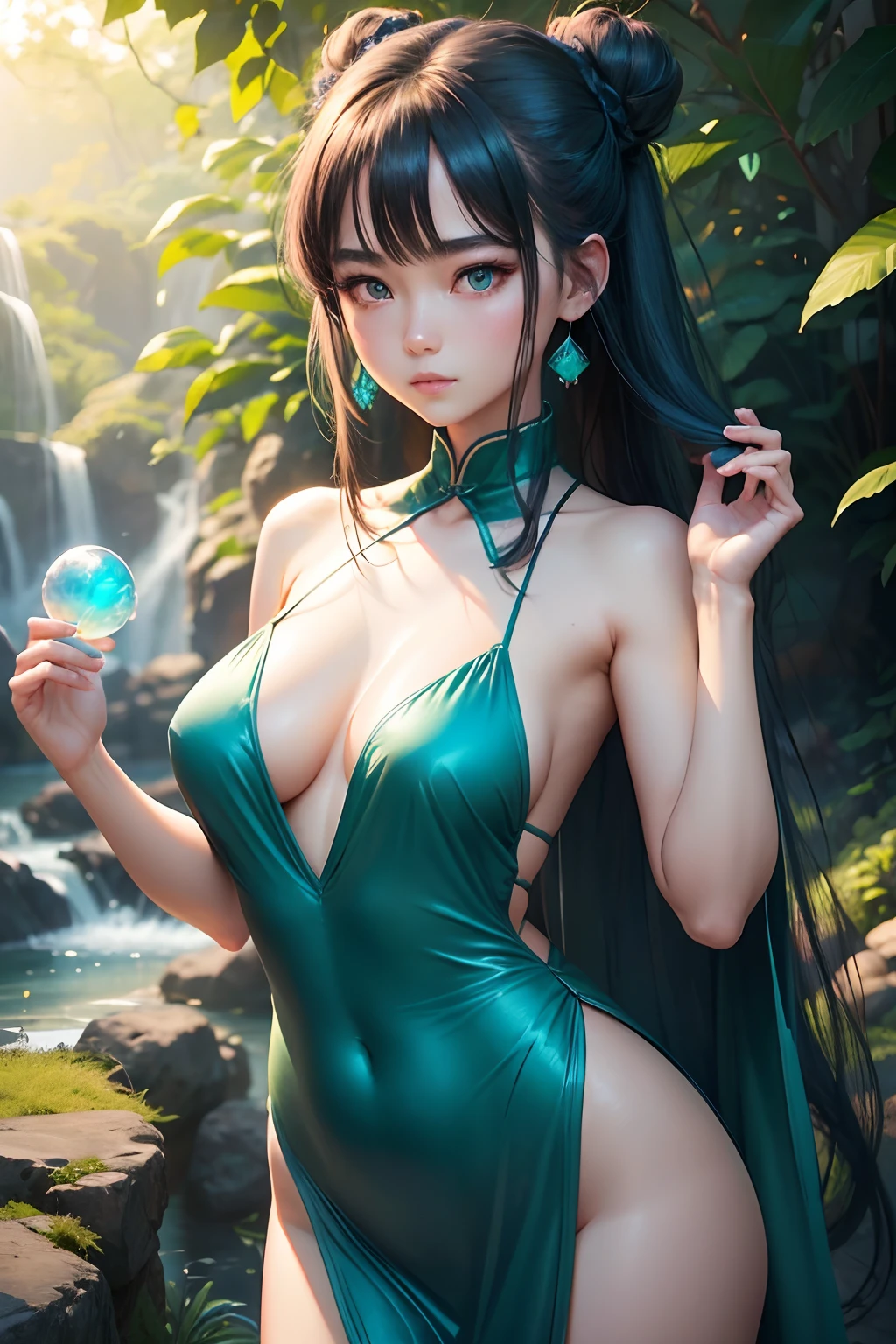 High definition, chinese animated style, lush body anime girl in a short flowing blue revealing dress, long black hair tied in bun with green jade hairpin, innocent expression, bright big blue eyes, holding a round crystal, natural beauty, vibrant colors, dreamy, nothern light, pink bubble, romantic, soft lighting, vintage aesthetic