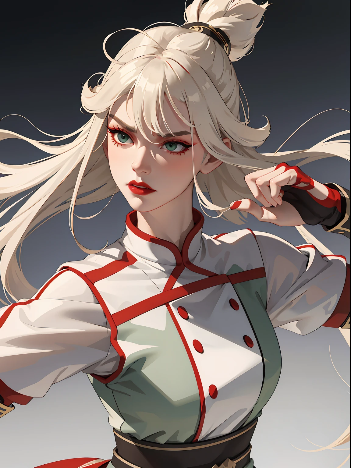 (masterpiece:1.2, best quality), (real picture, intricate details), 1lady, solo, upper body, fighting, fight pose, long hair, heavy makeup, white face, red lipstick, red eyeshadow, natural fabrics, close-up face, angry, angry expression, warrior, female warrior, armour, really long light platinum blonde hair, platinum blonde voluminous hair, cute bangs, hair bangs, bangs between eyes, soft bangs on forehead, green eyes, mature face, 1female, 1woman, 1beautiful girl, Kyoshi uniform, Kyoshi makeup, Kyoshi Warrior (Avatar the Last Airbender), (fighting), (fight pose)