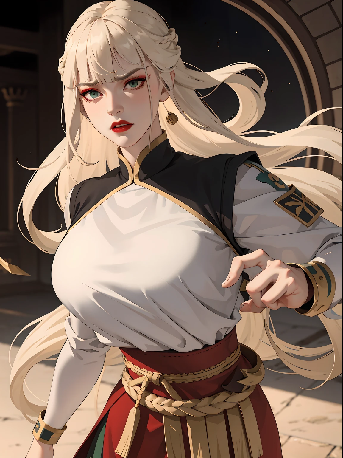 (masterpiece:1.2, best quality), (real picture, intricate details), 1lady, solo, upper body, fighting, fight pose, long hair, heavy makeup, white face, red lipstick, red eyeshadow, natural fabrics, close-up face, angry, angry expression, warrior, female warrior, armour, really long light platinum blonde hair, platinum blonde voluminous hair, cute bangs, hair bangs, bangs between eyes, soft bangs on forehead, green eyes, mature face, 1female, 1woman, 1beautiful girl, Kyoshi uniform, Kyoshi makeup, Kyoshi Warrior (Avatar the Last Airbender), (fighting), (fight pose)