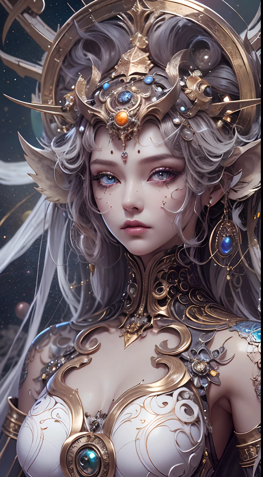 Full body like，（best qualtiy，ultra - detailed，Most Best Illustration，Best shadow，tmasterpiece，A high resolution，professionalartwork，famousartwork），Detailed eyes，beautidful eyes，closeup cleavage，sci-fy，colored sclera，Robot eyes，face markings，Tattooed with，（fractalized，Fractal eyes），largeeyes，Wide eyes，（Eye focus），sface focus，Cosmic eyes，Space eyes，Close-up of metal sculpture of a woman with a moon in her hair，goddes。extremly high detail，3 d goddess portrait，Extremely detailed footage of the goddess，a stunning portrait of a goddess，Side image of the goddess，portrait of a beautiful goddess，Full body close-up portrait of the goddess，hecate goddess，portrait of a norse moon goddess，goddess of space and time，(RAW photo:1.2)，camel-toe，Hollow-out on，sweat leggs，White liquid， Smooth pink skin, shiny metallic glossy skin, Shiny，spread their legs，M-shaped legs，angry look，sullenness，Irritated，white liquid all over body，Full body like
