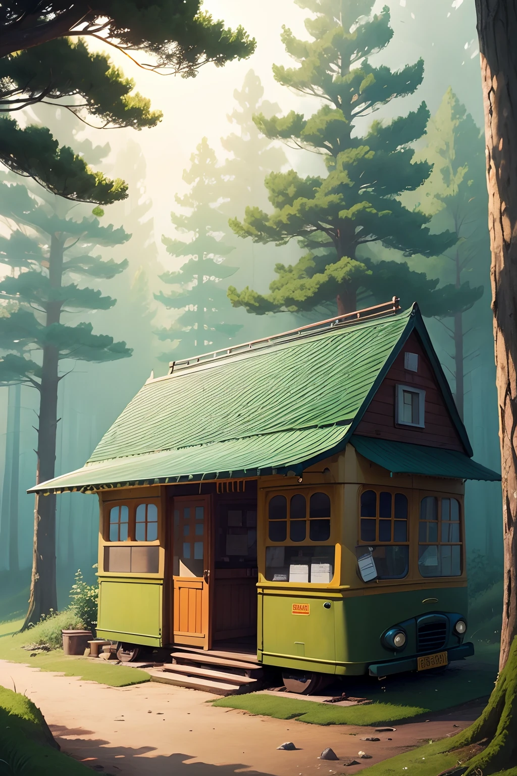 A small shop that incorporates the appearance of a bus，In the forest，in style of hayao miyazaki，CG illustration