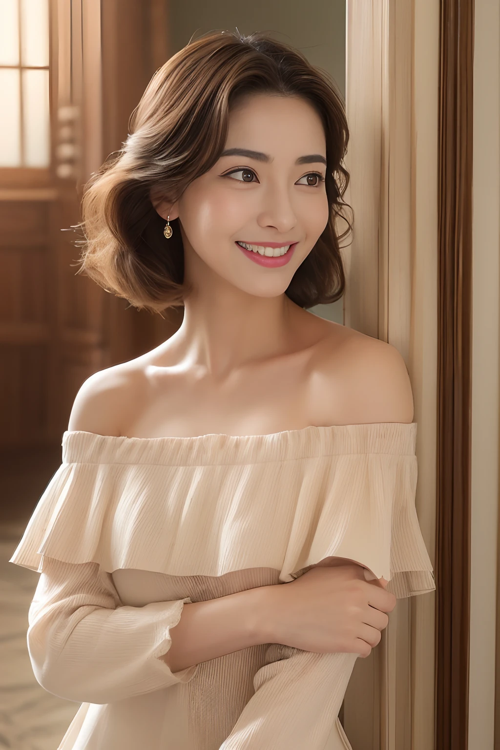 1girl in、japanese beauty girl、Double eyelids、beautiful vintage color、hight resolution、8K、Raw photography、top-quality、masterpiece、realisitic、foco nítido、Professional Writing、(de pele branca:1.2)、(Viewer's Perspective:1.3)、(Middle hair、Light brown :1.4)、portlate、bangss、(Background of the aristocratic room:1.4)、独奏、The upper part of the body、Hide your arms behind your back、realisitic、(glowy skin)、makeups、(A smile)、(skinny、Mouth closure、full of shyness:1.3)、(Off shoulder dress、brack:1.4)、Medium bust、cleavage of the breast、sexypose、