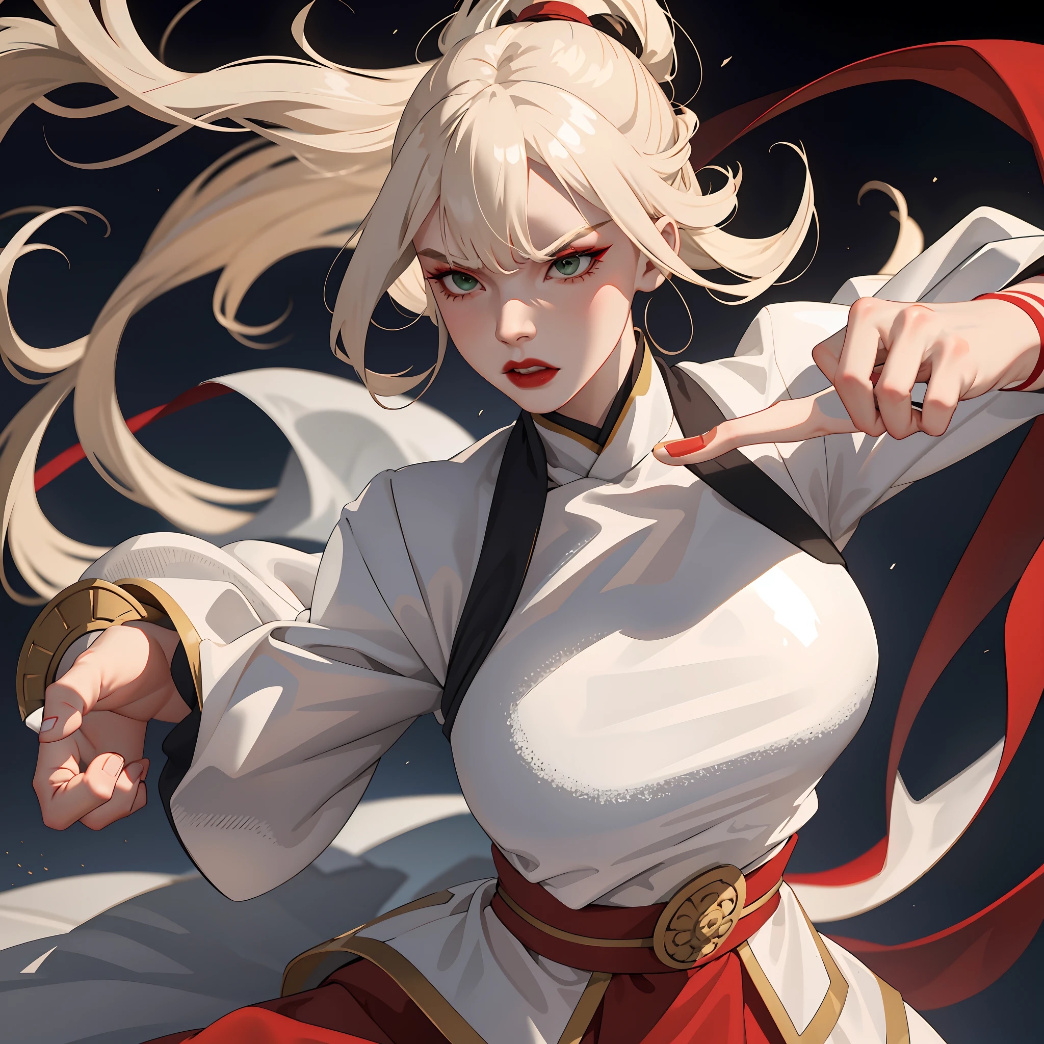 (masterpiece:1.2, best quality), (real picture, intricate details), 1lady, solo, upper body, fighting, fight pose, long hair, heavy makeup, white face, red lipstick, red eyeshadow, natural fabrics, close-up face, angry, angry expression, warrior, female warrior, armour, really long light platinum blonde hair, platinum blonde voluminous hair, cute bangs, hair bangs, bangs between eyes, soft bangs on forehead, green eyes, mature face, 1female, 1woman, 1beautiful girl, Kyoshi uniform, Kyoshi makeup, Kyoshi Warrior (Avatar the Last Airbender), (fighting), (fight pose)