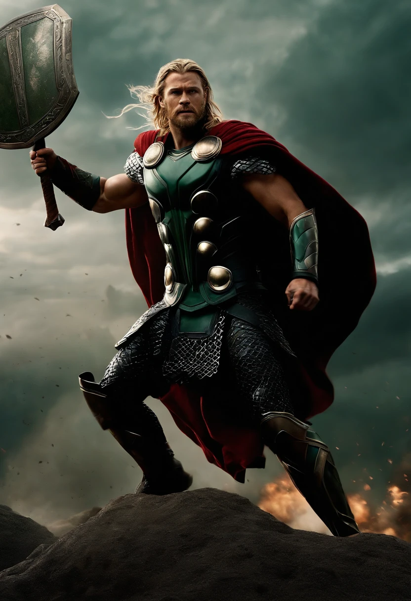 thor, as a spartan warrior with shield and thor's hammer, jumping in the air, , the sky is a pale hunter green, dying spartans on the ground , bloody armor, epic, 8k