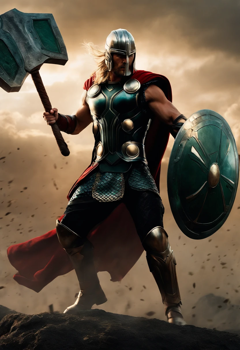 thor, as a spartan warrior with shield and thor's hammer, jumping in the air, , the sky is a pale hunter green, dying spartans on the ground , bloody armor, epic, 8k