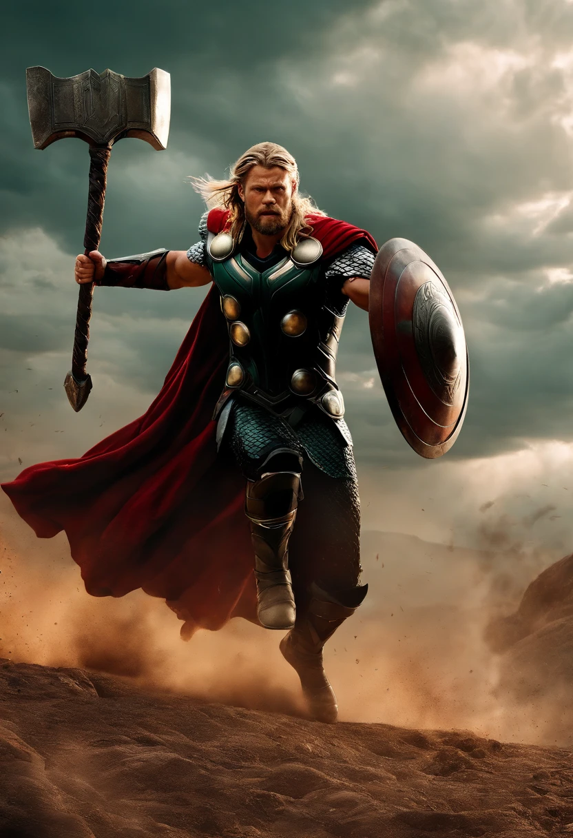 thor, as a spartan warrior with shield and thor's hammer, jumping in the air, , the sky is a pale hunter green, dying spartans on the ground , bloody armor, epic, 8k