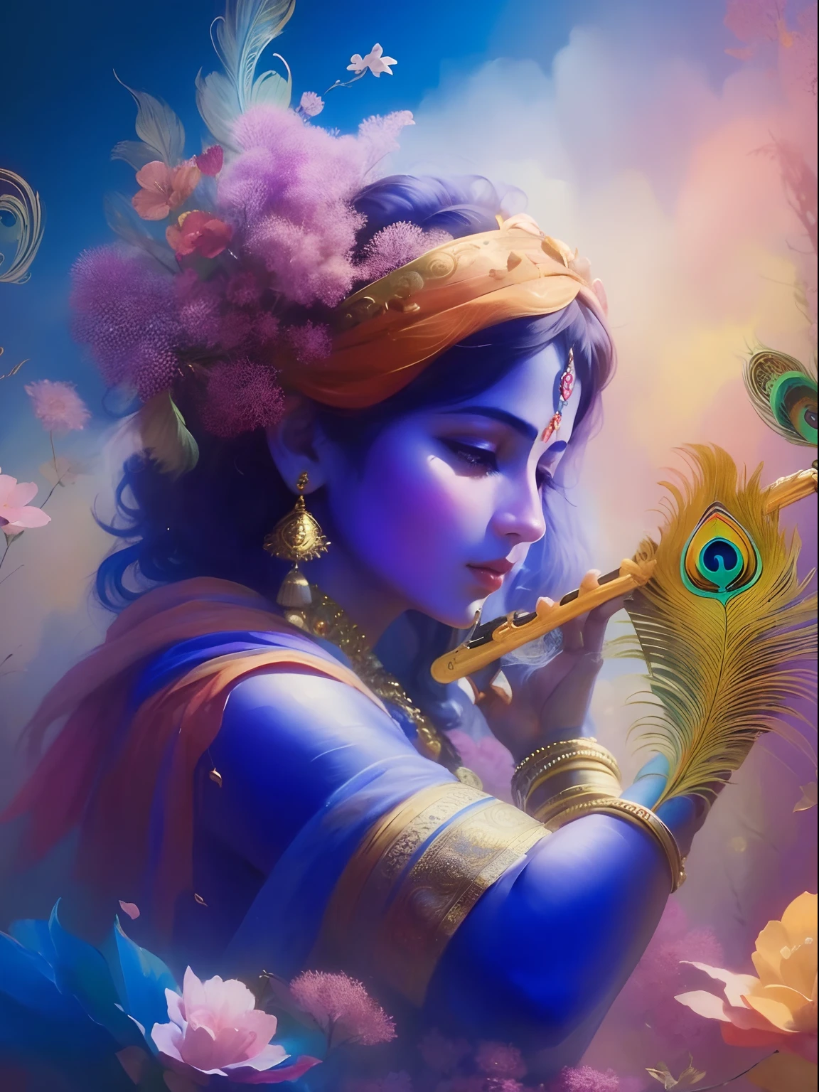 a painting of a woman playing a flute with a peacock feather, indian god, indian art, hindu art, hindu aesthetic, hd wallpaper, colorful hd picure, the god of music, hinduism, vishnu, high quality wallpaper, 8k high quality detailed art, hindu god, serene expression, full of colors and rich detail, indian goddess, beautiful wallpaper