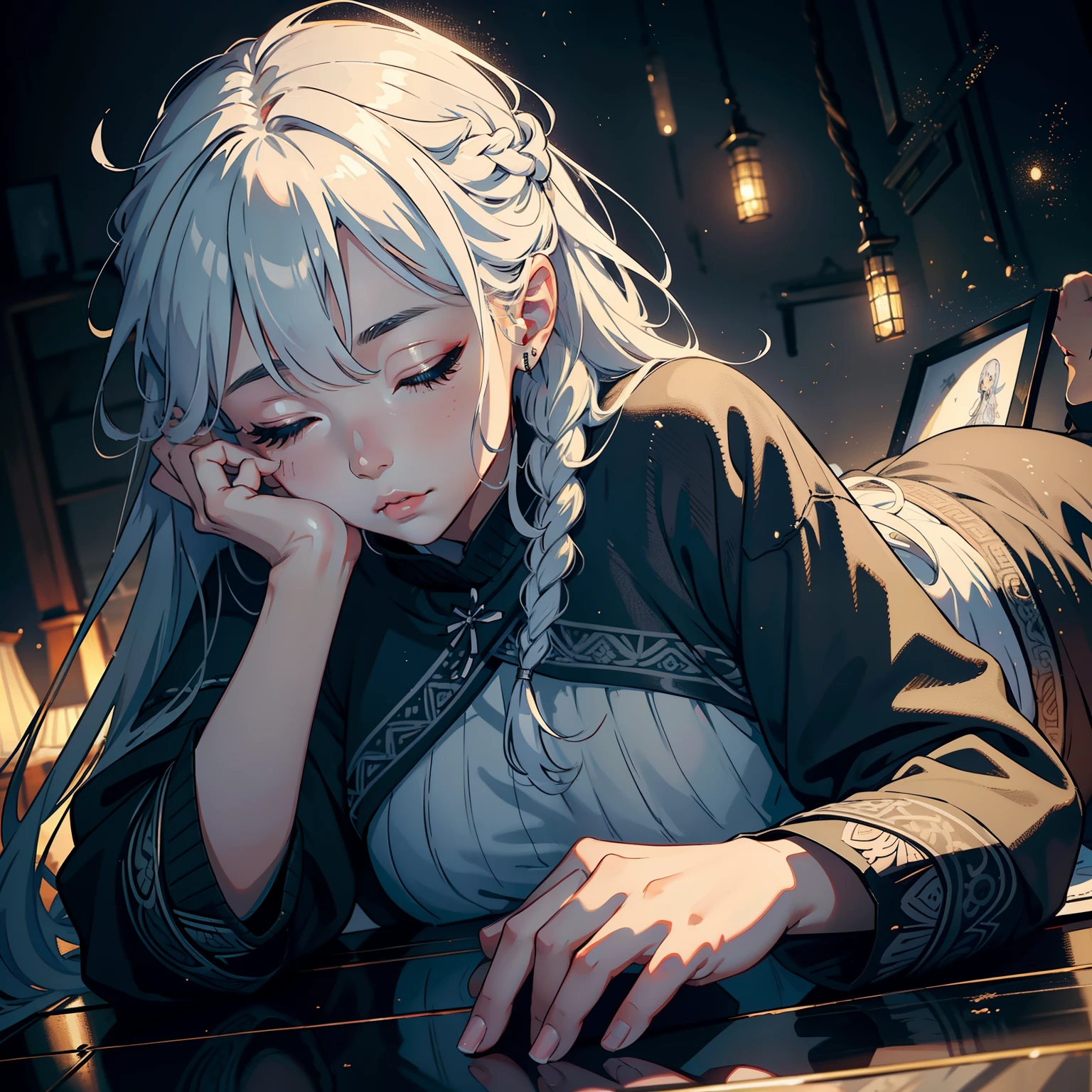 (8K, RAW photo, Best quality, Masterpiece: 1.2), (Extremely detailed CG, Ultra detailed, Best shadow: 1.1), 1girll, Ground, Upper body, Paint, Drawing, Paper texture, 超高分辨率, ((Extremely detailed face)), Flat color, limited palette, Low contrast, Mature women, BEST lighting, Sweater, Sleeping, Sleeping beauty, closing her eyes, Black eyeliner, A girl falls from the air, Clouds, hair in wind, Mouth closed, White hair , White:1.6, (zentangle, mandalas, tangled, tangled:1),
信息