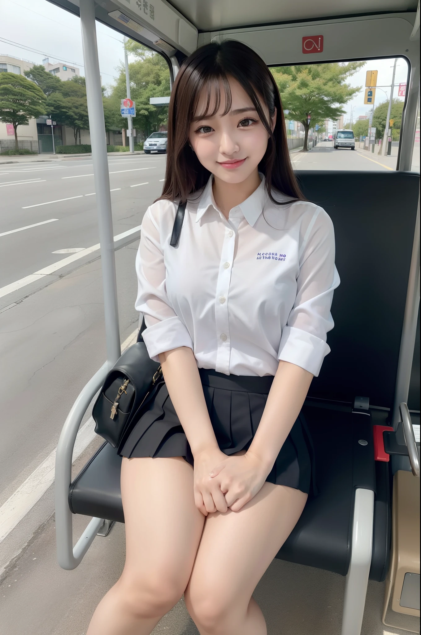 (realisitic、Photorealsitic:1.37)、(masterpiece)、(top-quality:1.4)、(超A high resolution:1.2)、(Raw photography:1.2)、(foco nítido:1.3)、(Face Focus:1.2)、elegent、(full body Esbian:1.2)、top-quality、masterpiece、(真实感:1.2)、girl with、brown haired、Brown-eyed、frontage、A detailed face、beautidful eyes、Pleated mini skirt uniform、Panties are slightly visible、Take a bold seat at the bus stop(1.5)、Biting smile、a lot of eyelashes、high-heels、 Very pretty