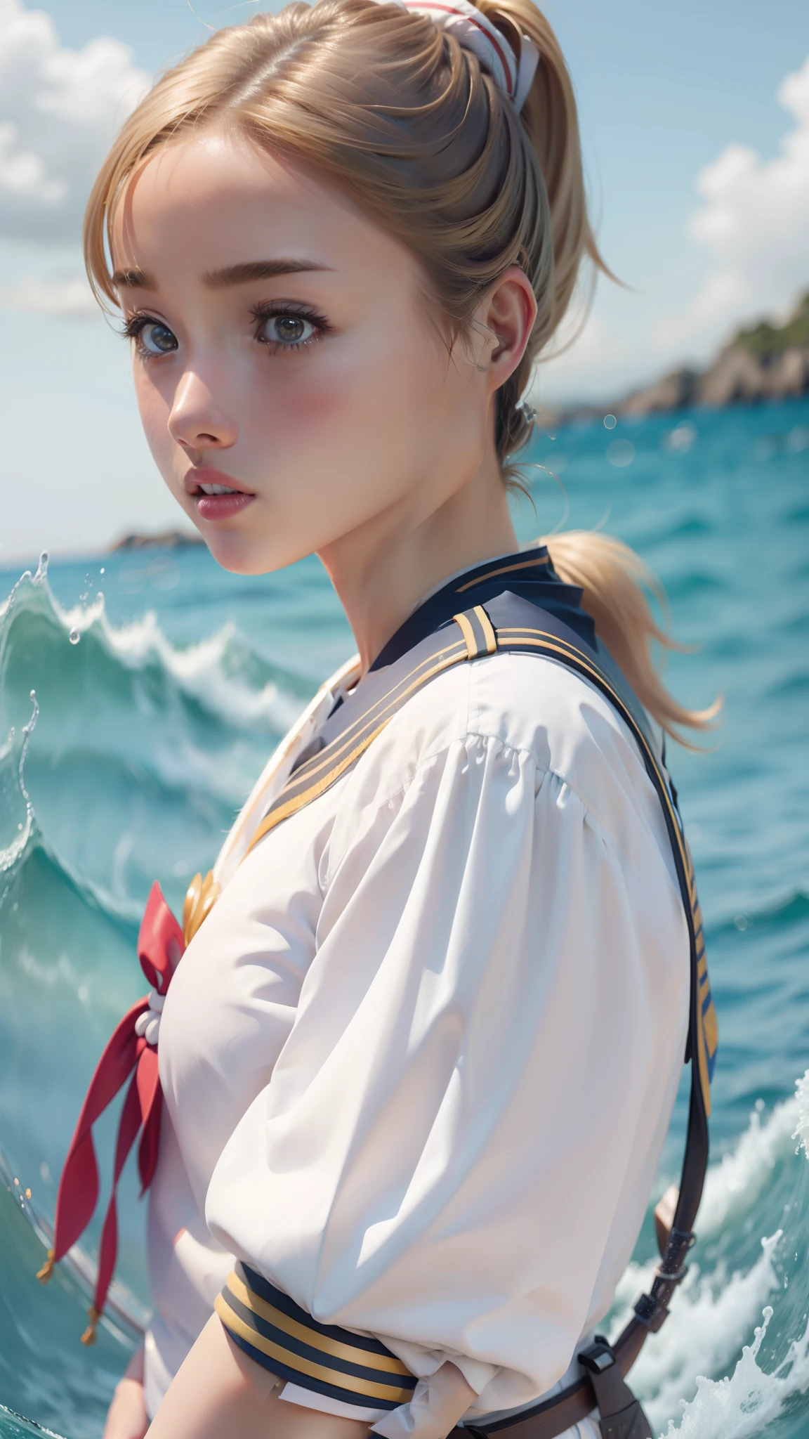 Real photo, beauty, blonde, ponytail, ai Kayano, upper body is sailor suit, realistic, background is sea