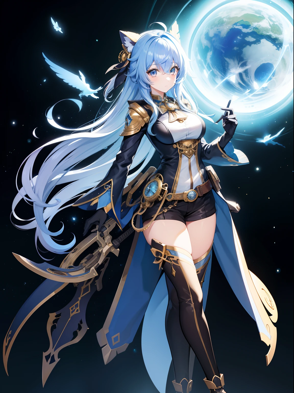 masterpiece、flying girl、Far above、Cute girl in anime style, Inverted triangle composition, Archaic steampunk style costumes, ((Light blue straight hair:1.2), (eyed、Beautiful eyes:1.2)), Cool Face, Wearing a lot of steampunk gear and chronomatters, Full body, Steampunk Sky Blue Red Leather Coat、Decorated with numerous gear and watches, Finely detailed, High resolution, 1girl in, Night, Black sky and lots of stars,
