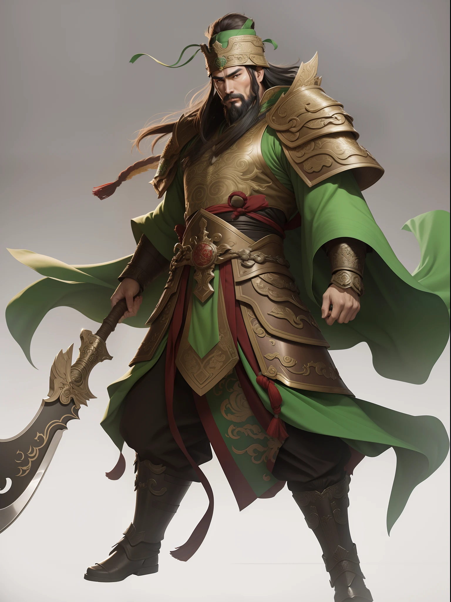Romance of the Three Kingdoms in Guan Yu image, green armor, green dragon moon knife, green hat, highest quality, high resolution, masterpiece