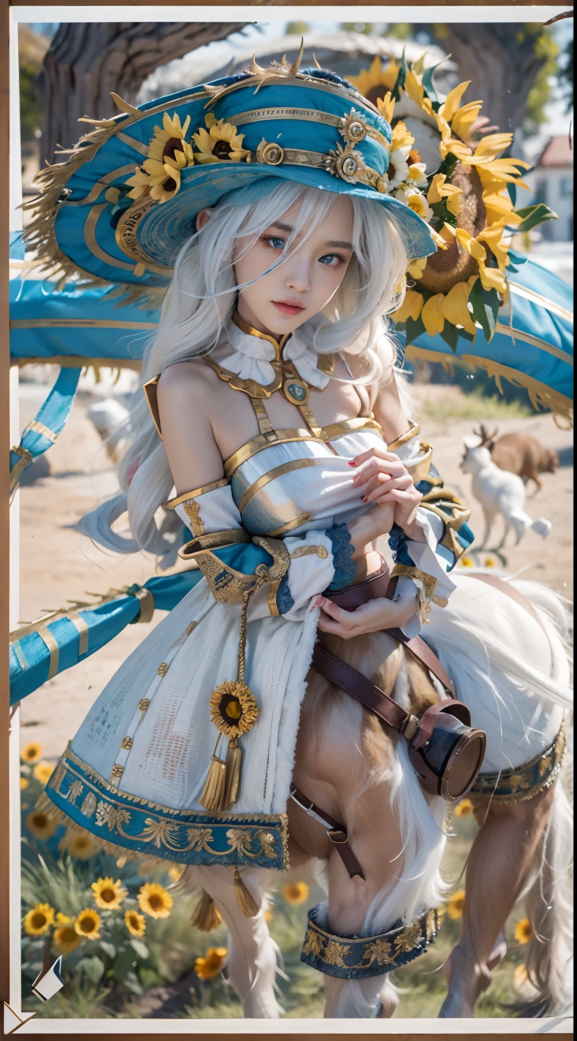 In a very grand scene,The extra-large wide-angle lens captures the appearance of a female centaur。She is a Sunflower Worship nun,Always opposed(Healing emoji smiley face of knitted sunflower puppet😊:99.99)DOA。She is tall,It has the ultimate curvy beauty,The muscles are slender and firm,Beautiful lines。She has(Super huge sky blue eyes:99.99)、always(Wearing sexy glasses:6.66)、(She wears solemn nun attire:9.9)、Stepping on a boot-style skyscraper-heel、A pink cross hangs on his chest。Use Midjourney's advanced tools,Designed for female centaurs(A knitted sunflower puppet and create a super healing cartoon smiley face in the center of the flower tray as a decoration:9.9),and noble and solemn nun costumes,and highlight her unique physiological characteristics and appearance details,Add realism。And in the context of her prayers and listening to confessions,Spectacular views of nature,Such as the sky where storms and sunny days alternate、Brilliant rivers of stars and auroras、The snow-capped summit of Mount Everest、Fireworks in the mountain town, etc。ao mesmo tempo,Away from the hustle and bustle next to the chapel,Create a fantastic scene。Use Midjourney's advanced tools and multiple color palettes、Brush Strokes、Texture tools and model packages,It shows a sense of atmosphere where beauty and charm coexist。The charm of the female centaur is highlighted through color and lines,Enhance realism with detailing,Create a surreal dreamy feeling。Additionally,Use Midjourney's tools to add various exorcism props and books to the female centaur、pergaminhos,Create intricate hairstyles and outfits,Give her a sense of premium。She never flinches,No matter what monster you encounter,can respond quickly,Even the most extreme armies of natural disasters and monsters could not stop her and her front(Sunflower with Tyndall effect that emits sunlight9.99)。Use Midjourney's powerful tools,You can do it with incredible detail and beauty,Bring this ultra-grand and beautiful scene to life。Ultra-grand sc