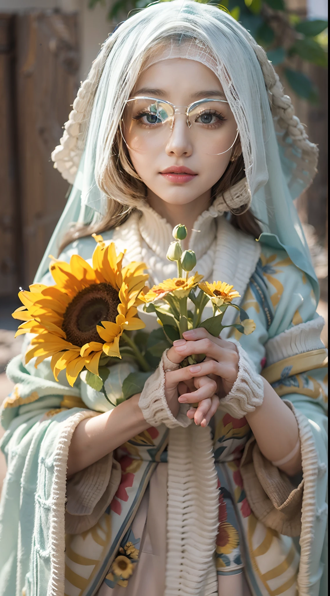 In a very grand scene，The extra-large wide-angle lens captures the appearance of a female centaur。She is a Sunflower Worship nun，Always opposed（Healing emoji smiley face of knitted sunflower puppet😊：99.99）DOA。She is tall，It has the ultimate curvy beauty，The muscles are slender and firm，Beautiful lines。She has（Super huge sky blue eyes：99.99）、always（Wearing sexy glasses：6.66）、（She wears solemn nun attire：9.9）、Stepping on a boot-style skyscraper-heel、A pink cross hangs on his chest。Use Midjourney's advanced tools，Designed for female centaurs（A knitted sunflower puppet and create a super healing cartoon smiley face in the center of the flower tray as a decoration：9.9），and noble and solemn nun costumes，and highlight her unique physiological characteristics and appearance details，Add realism。And in the context of her prayers and listening to confessions，Spectacular views of nature，Such as the sky where storms and sunny days alternate、Brilliant rivers of stars and auroras、The snow-capped summit of Mount Everest、Fireworks in the mountain town, etc。ao mesmo tempo，Away from the hustle and bustle next to the chapel，Create a fantastic scene。Use Midjourney's advanced tools and multiple color palettes、Brush Strokes、Texture tools and model packages，It shows a sense of atmosphere where beauty and charm coexist。The charm of the female centaur is highlighted through color and lines，Enhance realism with detailing，Create a surreal dreamy feeling。Additionally，Use Midjourney's tools to add various exorcism props and books to the female centaur、pergaminhos，Create intricate hairstyles and outfits，Give her a sense of premium。She never flinches，No matter what monster you encounter，can respond quickly，Even the most extreme armies of natural disasters and monsters could not stop her and her front（Sunflower with Tyndall effect that emits sunlight9.99）。Use Midjourney's powerful tools，You can do it with incredible detail and beauty，Bring this ultra-grand and beautiful scene to life。Ultra-grand sc