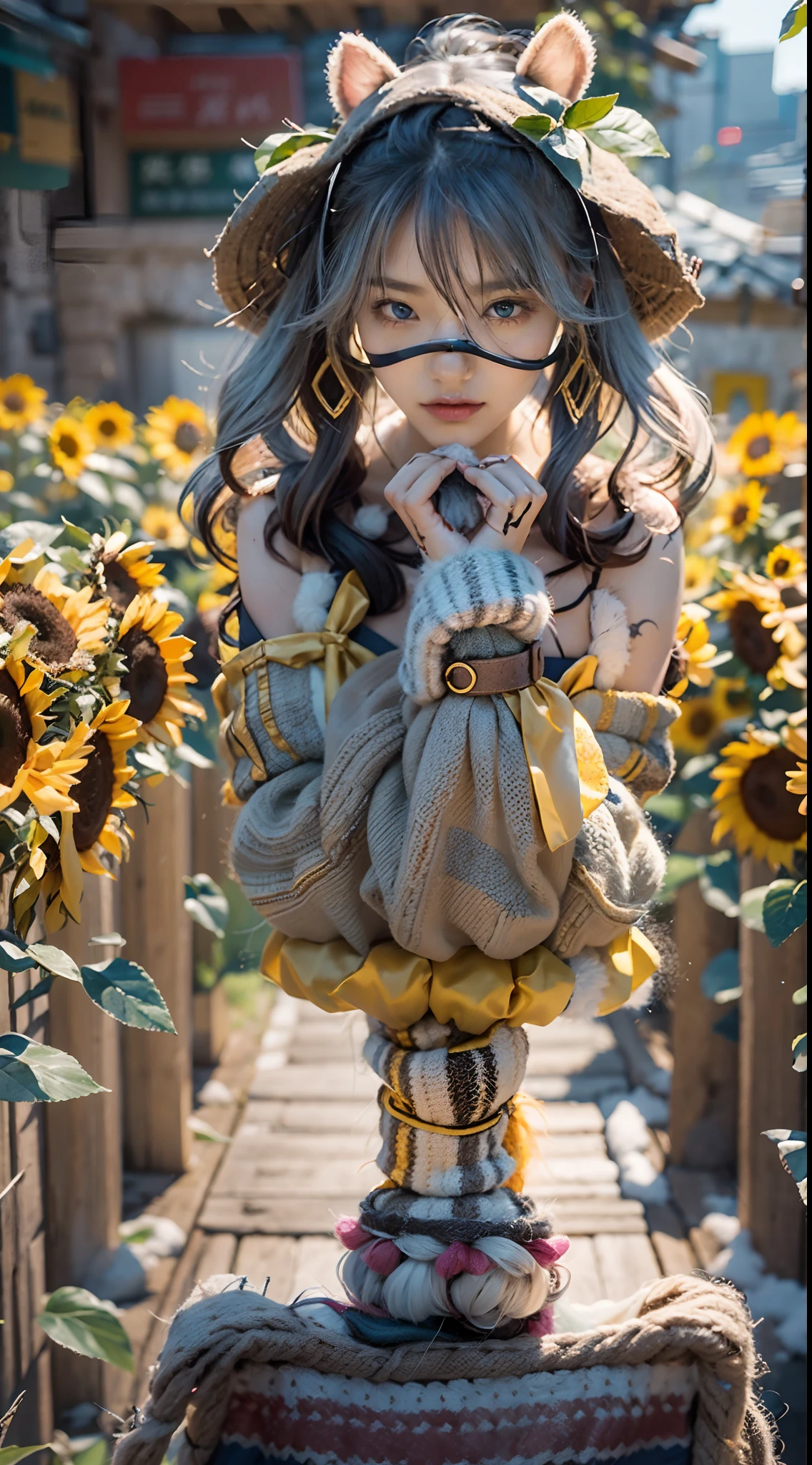 In a very grand scene,The extra-large wide-angle lens captures the appearance of a female centaur。She is a Sunflower Worship nun,Always opposed(Healing emoji smiley face of knitted sunflower puppet😊:99.99)DOA。She is tall,It has the ultimate curvy beauty,The muscles are slender and firm,Beautiful lines。She has(Super huge sky blue eyes:99.99)、always(Wearing sexy glasses:6.66)、(She wears solemn nun attire:9.9)、Stepping on a boot-style skyscraper-heel、A pink cross hangs on his chest。Use Midjourney's advanced tools,Designed for female centaurs(A knitted sunflower puppet and create a super healing cartoon smiley face in the center of the flower tray as a decoration:9.9),and noble and solemn nun costumes,and highlight her unique physiological characteristics and appearance details,Add realism。And in the context of her prayers and listening to confessions,Spectacular views of nature,Such as the sky where storms and sunny days alternate、Brilliant rivers of stars and auroras、The snow-capped summit of Mount Everest、Fireworks in the mountain town, etc。ao mesmo tempo,Away from the hustle and bustle next to the chapel,Create a fantastic scene。Use Midjourney's advanced tools and multiple color palettes、Brush Strokes、Texture tools and model packages,It shows a sense of atmosphere where beauty and charm coexist。The charm of the female centaur is highlighted through color and lines,Enhance realism with detailing,Create a surreal dreamy feeling。Additionally,Use Midjourney's tools to add various exorcism props and books to the female centaur、pergaminhos,Create intricate hairstyles and outfits,Give her a sense of premium。She never flinches,No matter what monster you encounter,can respond quickly,Even the most extreme armies of natural disasters and monsters could not stop her and her front(Sunflower with Tyndall effect that emits sunlight9.99)。Use Midjourney's powerful tools,You can do it with incredible detail and beauty,Bring this ultra-grand and beautiful scene to life。Ultra-grand sc