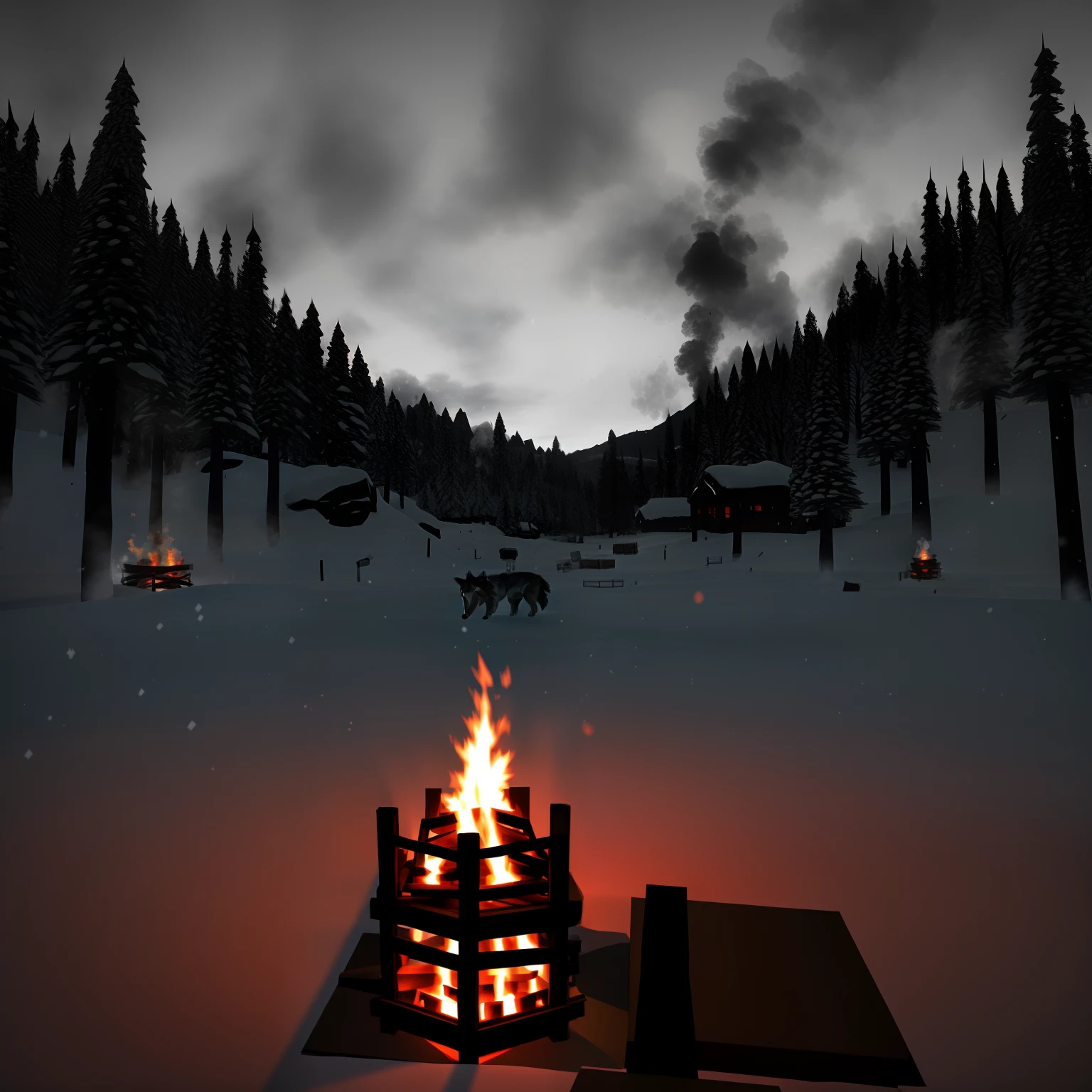 the_long_dark, winter, outside, wolf, campfire