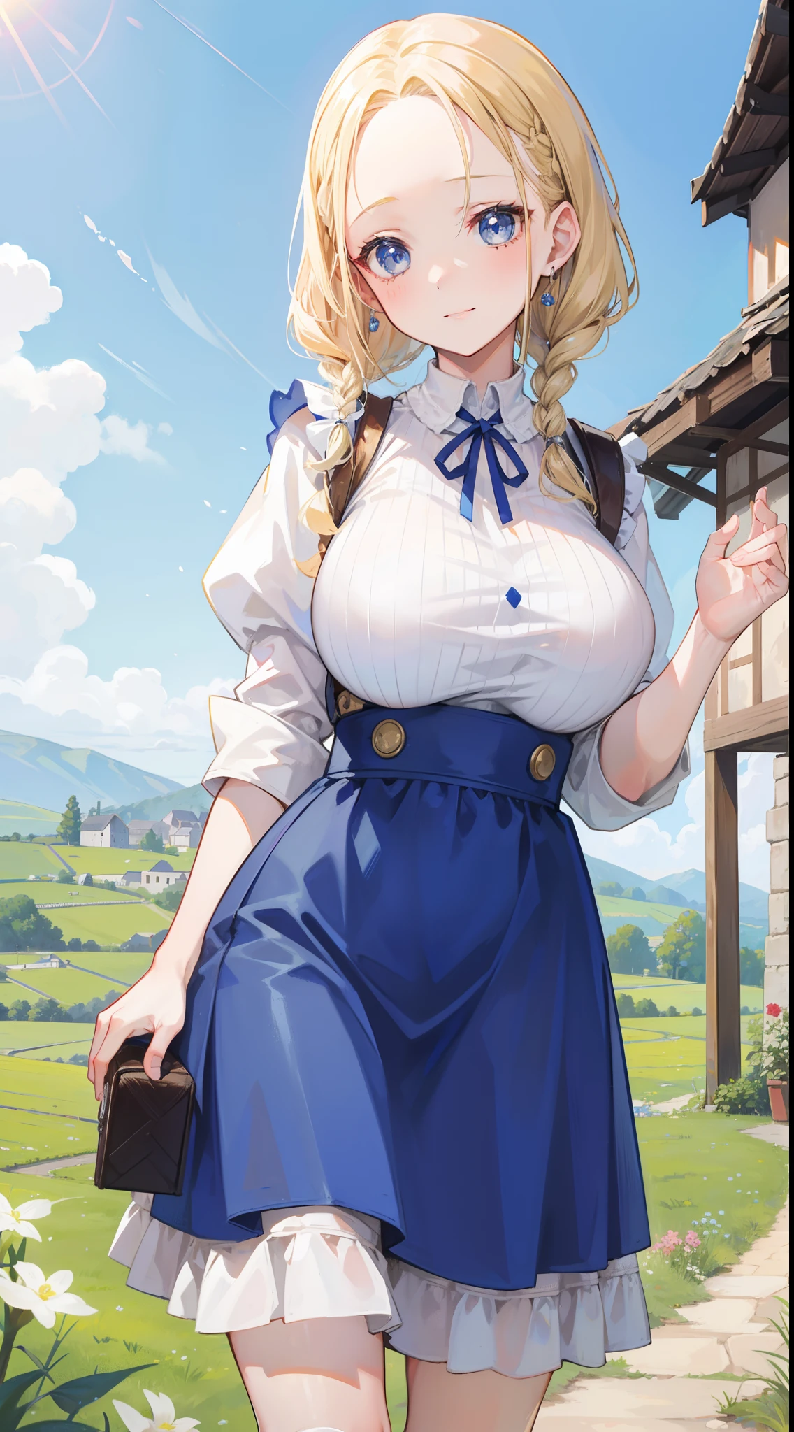 a beauty girl,Village girl,blonde with blue eyes,Twist braids,wearing apron,Countryside,zona rural,idyllic scenery,European Middle Ages,Toothy smile,Forehead,Forehead exposed,huge tit