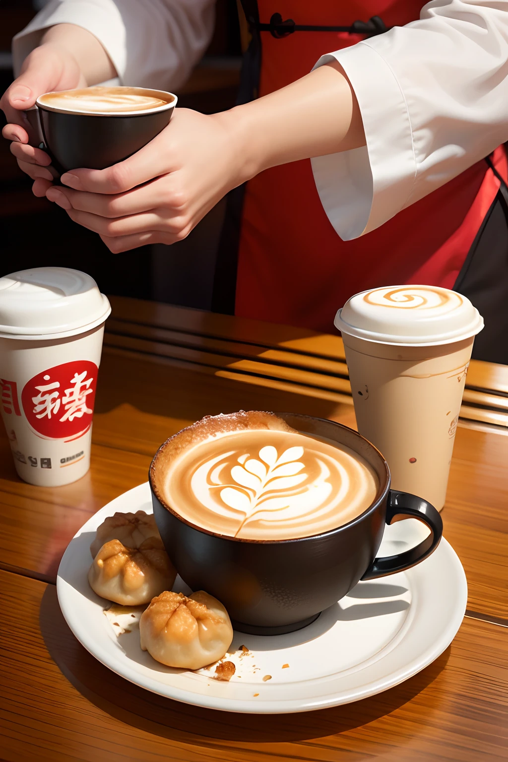 a poster，Close-up，A plate of fried dumplings，Latte，Takeaway cups，for breakfast，a warm color palette，Chinese style，There are no characters，Chinese style clothes，in the early morning，Go to work