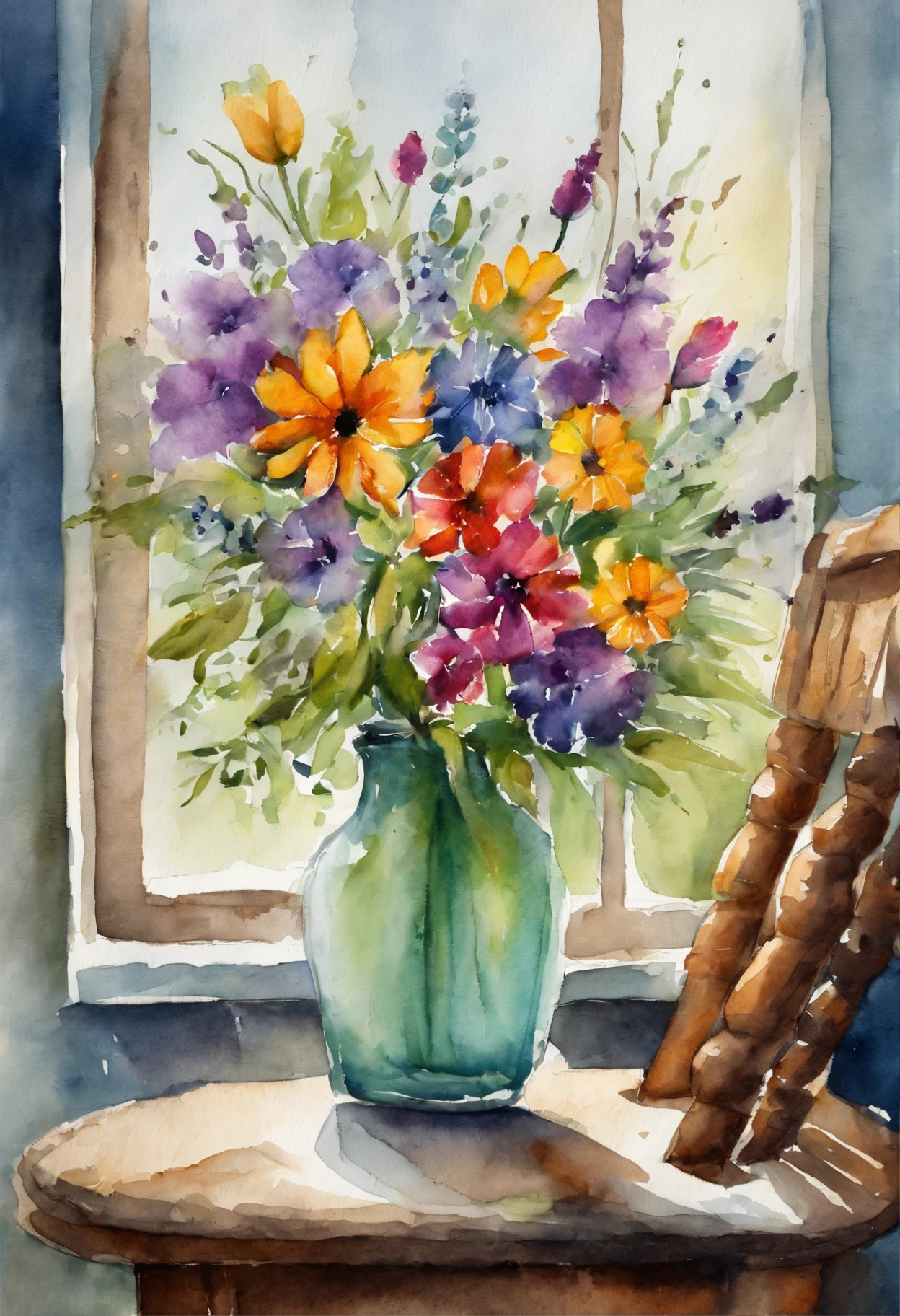 vases, Bunch of flowers, on chair, Beach background, Rainy atmosphere