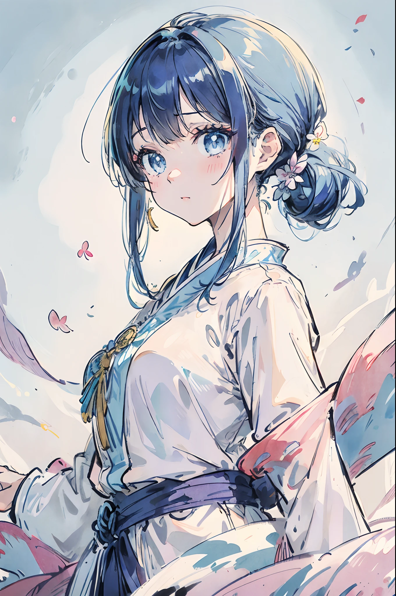 (masterpiece), (best quality), (ultra detailed),(disheveled hair),(illustration), (1girl), (Fashionable clothing), standing, Fashion model, looking at viewer, (interview), (simple background),beautiful detailed eyes, delicate beautiful face, Floating,(high saturation),(colorful splashes),colorful bubble,(shining), focus on face,  ponytail, kamisato ayaka, light blue hair, bangs, hair ring, floating flowers, floating hairs, (shining), best lighting, best shadow,