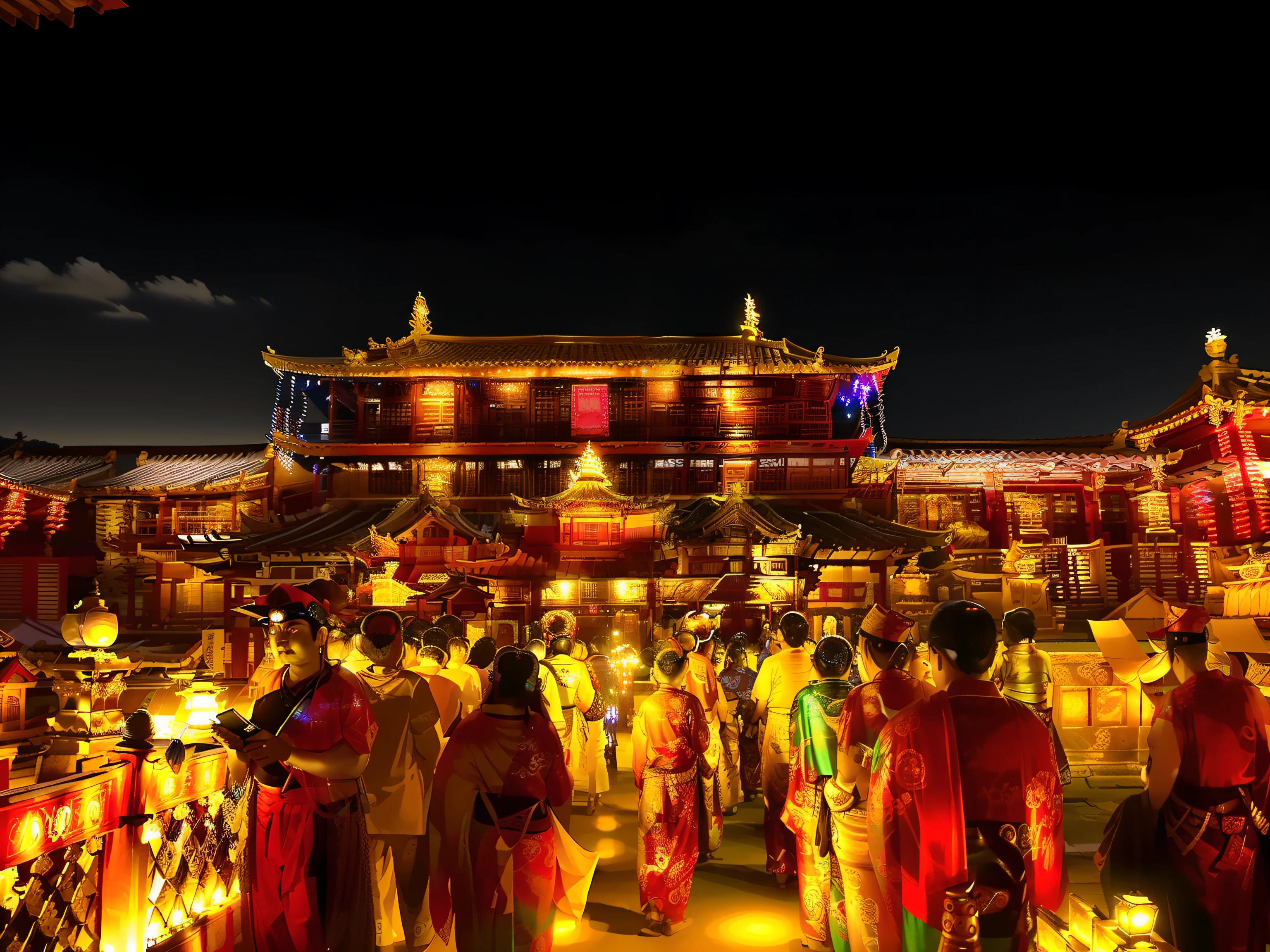 people are standing outside of temple with a lot of lights, temple fair, in front of the temple, with glowing lights at night, lights glittering in night, night, beautiful night sky, hyper realistic, 8k