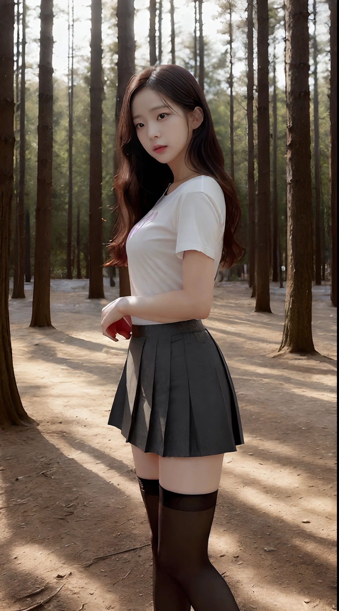 ((Jisoo from Blackpink)), t-shirt, tiny pleated skirt, black stockings up to the waist, high heels, full body shot from below, holding_the_edge_of_the_skirt_with_the_hands, breasts exposed, very light skin, very long hair, wavy hair, camp, forest, photorealistic, indirect lighting, volumetric light, ray tracing, hyperdetailed, best quality, high resolution, HDR, 8k