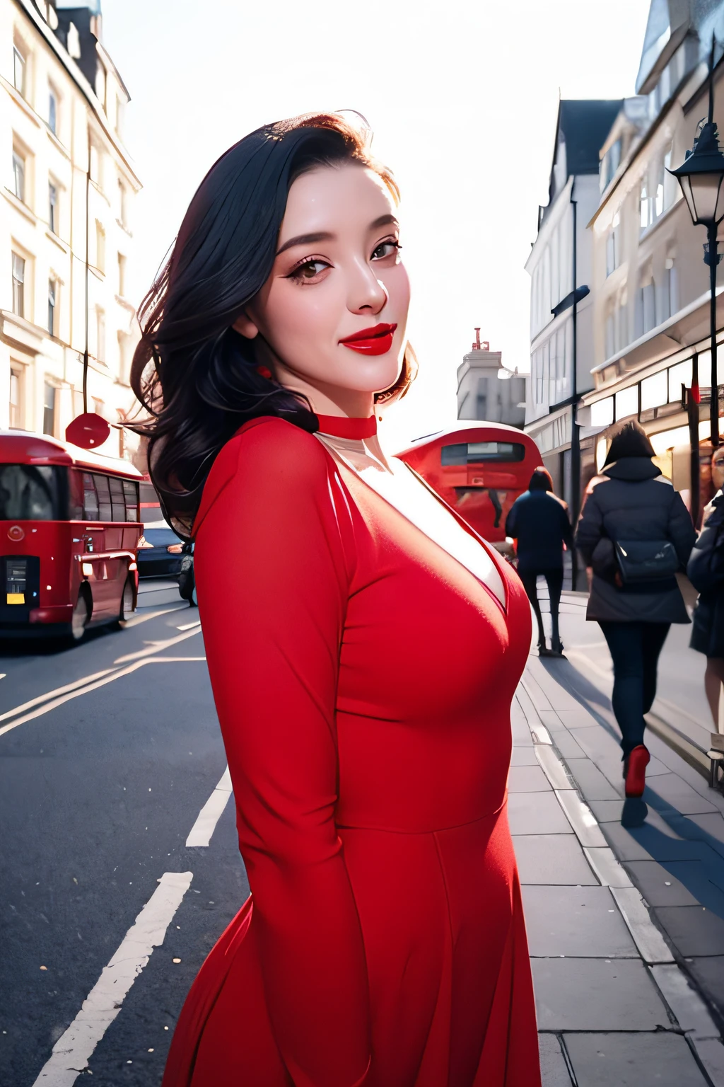 a young white girl with black hair and red lipstick, in a red dress, on the streets of London being photographed, cinematic, vintage filter, lighting