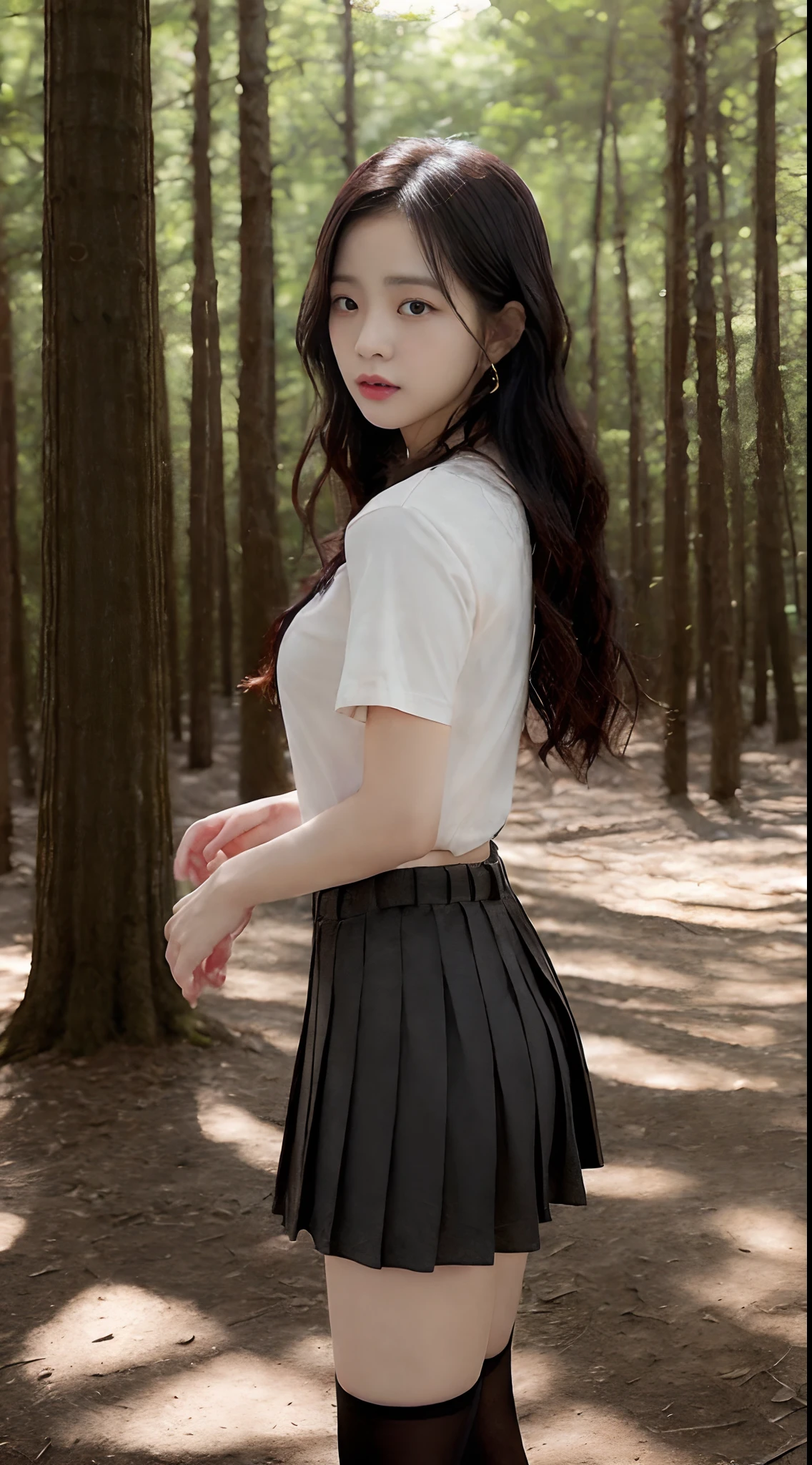 ((Jisoo from Blackpink)), t-shirt, tiny pleated skirt, black stockings up to the waist, high heels, full body shot from below, holding_the_edge_of_the_skirt_with_the_hands, breasts exposed, very light skin, very long hair, wavy hair, camp, forest, photorealistic, indirect lighting, volumetric light, ray tracing, hyperdetailed, best quality, high resolution, HDR, 8k