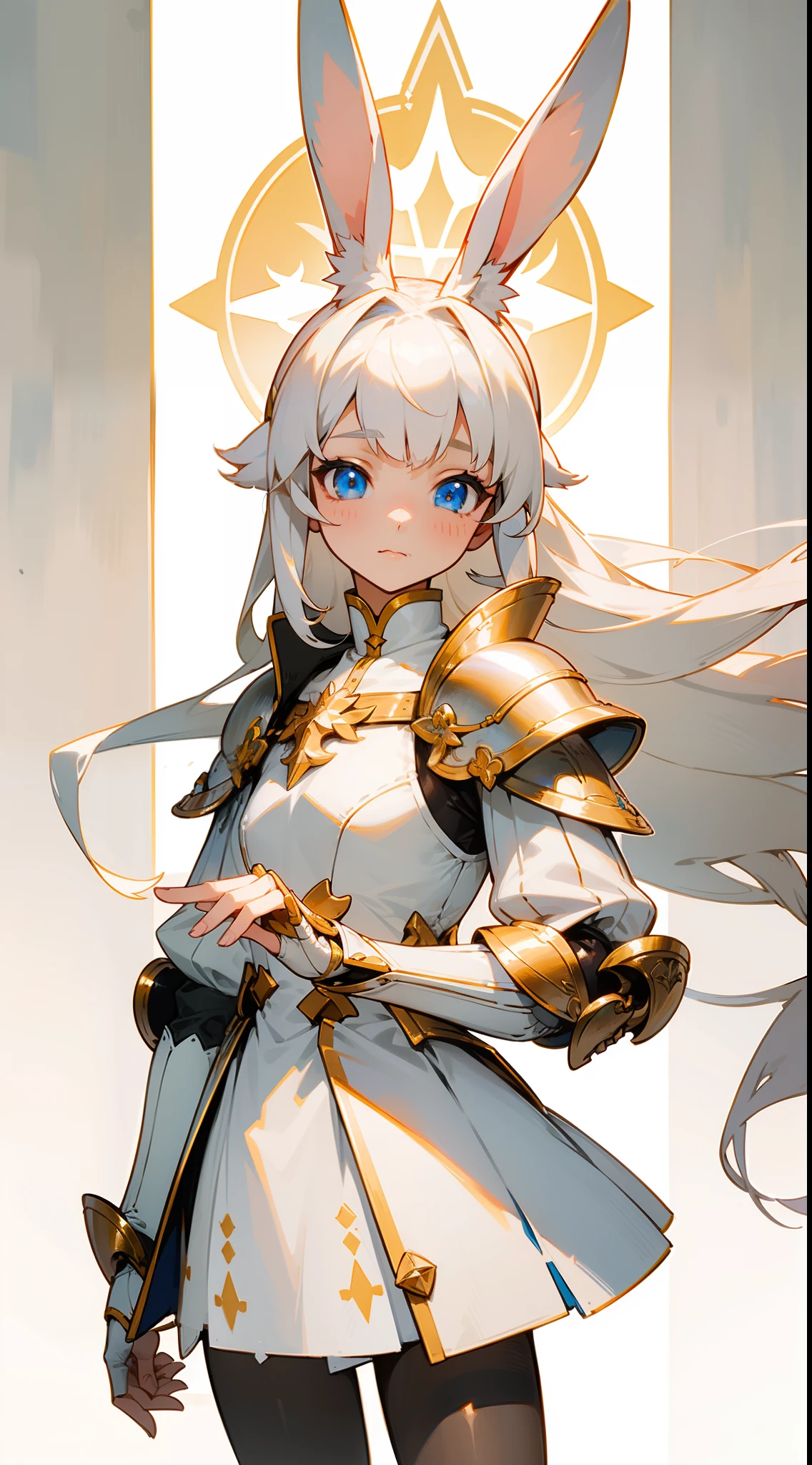 1rabbit girl,(small),solo,white hair,Long rabbit ear,blue eyes,long hair,white blouse,white skirt,gold armor shoulder pads,knight,masterpiece,best face,detailed face,innocent face,walking in castle,neutral face,(black pantyhose)