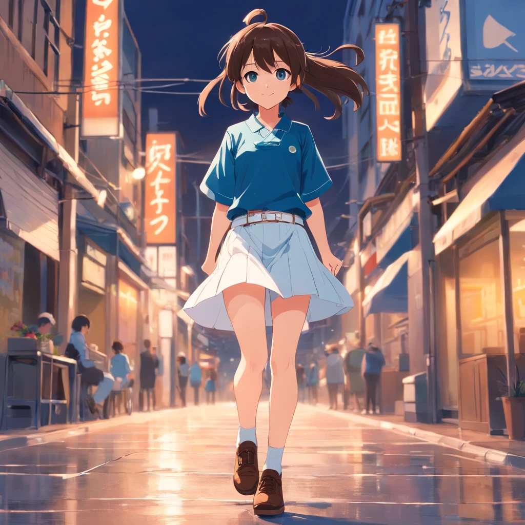 Top Quality, very delicate and beautiful, A girl, , (Dark brown hair), Blue clothes with vertical buttons, Belt at waist, white skirt, (ponytail)), (White hair belt), (brown footwear), eyes blue, Standing, smile,Show ass