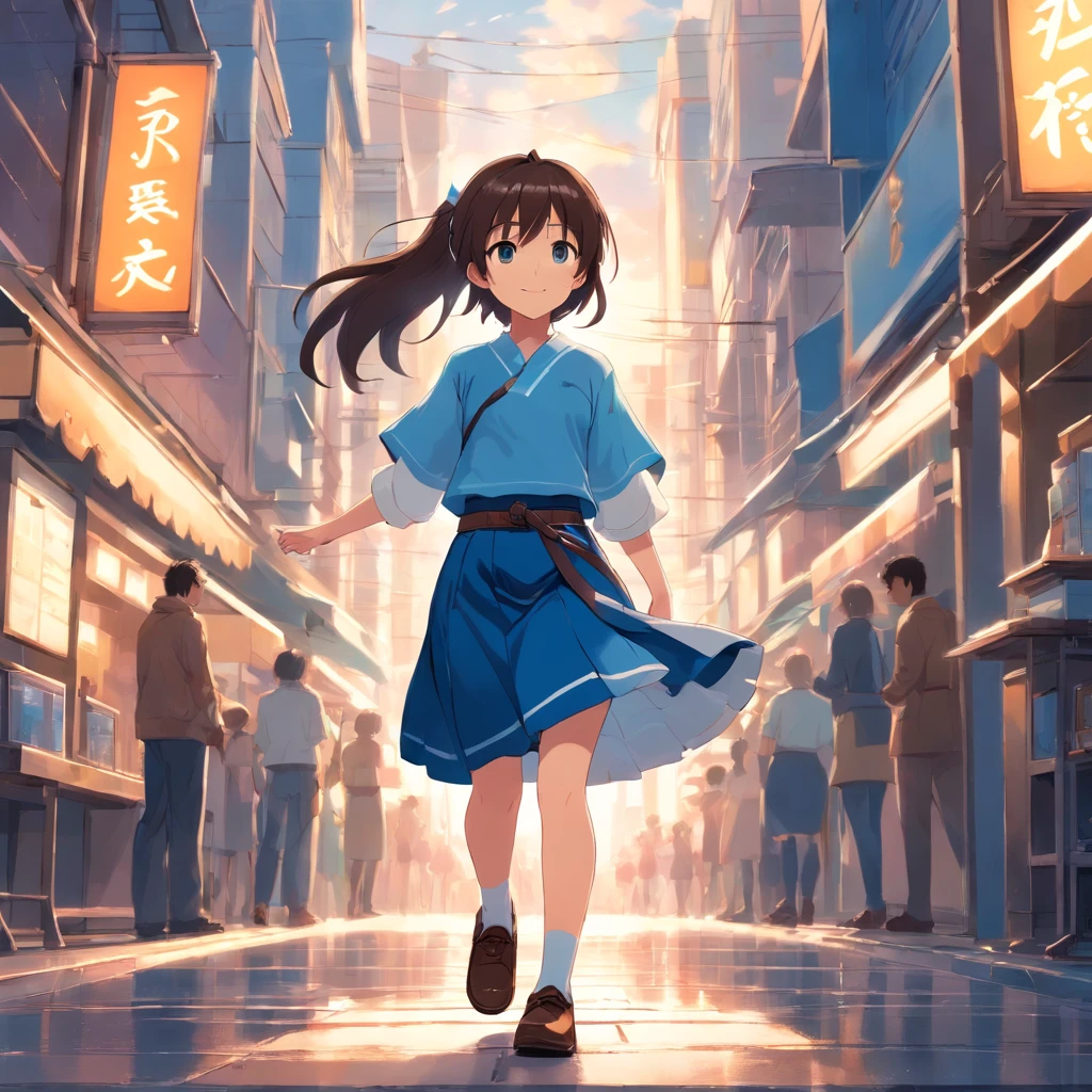 Top  Quality, very delicate and beautiful, A girl, 11 years old, (Dark brown hair), Blue clothes with vertical buttons, Belt at waist, white skirt, (ponytail)), (White hair belt), (brown footwear), eyes blue, Standing, smile,Show ass