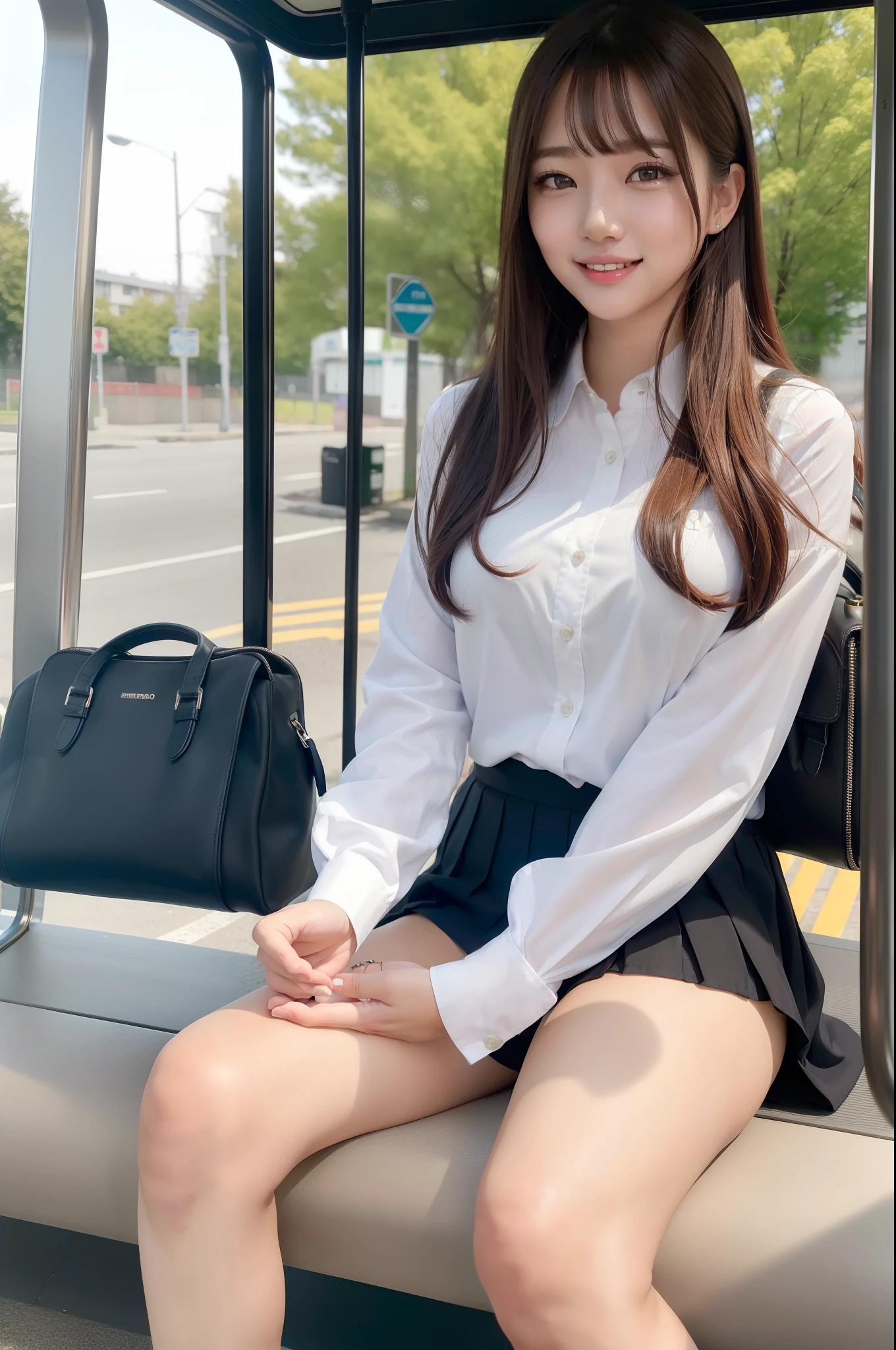 (realisitic、Photorealsitic:1.37)、(​masterpiece)、(top-quality:1.4)、(超A high resolution:1.2)、(Raw photography:1.2)、(foco nítido:1.3)、(Face Focus:1.2)、elegent、(full body Esbian:1.2)、top-quality、​masterpiece、(真实感:1.2)、girl with、brown haired、Brown-eyed、frontage、A detailed face、beautidful eyes、A little panties are visible from the uniform in a pleated miniskirt、Take a bold seat at the bus stop(1.5)、Biting smile、a lot of eyelashes、high-heels、 Very pretty