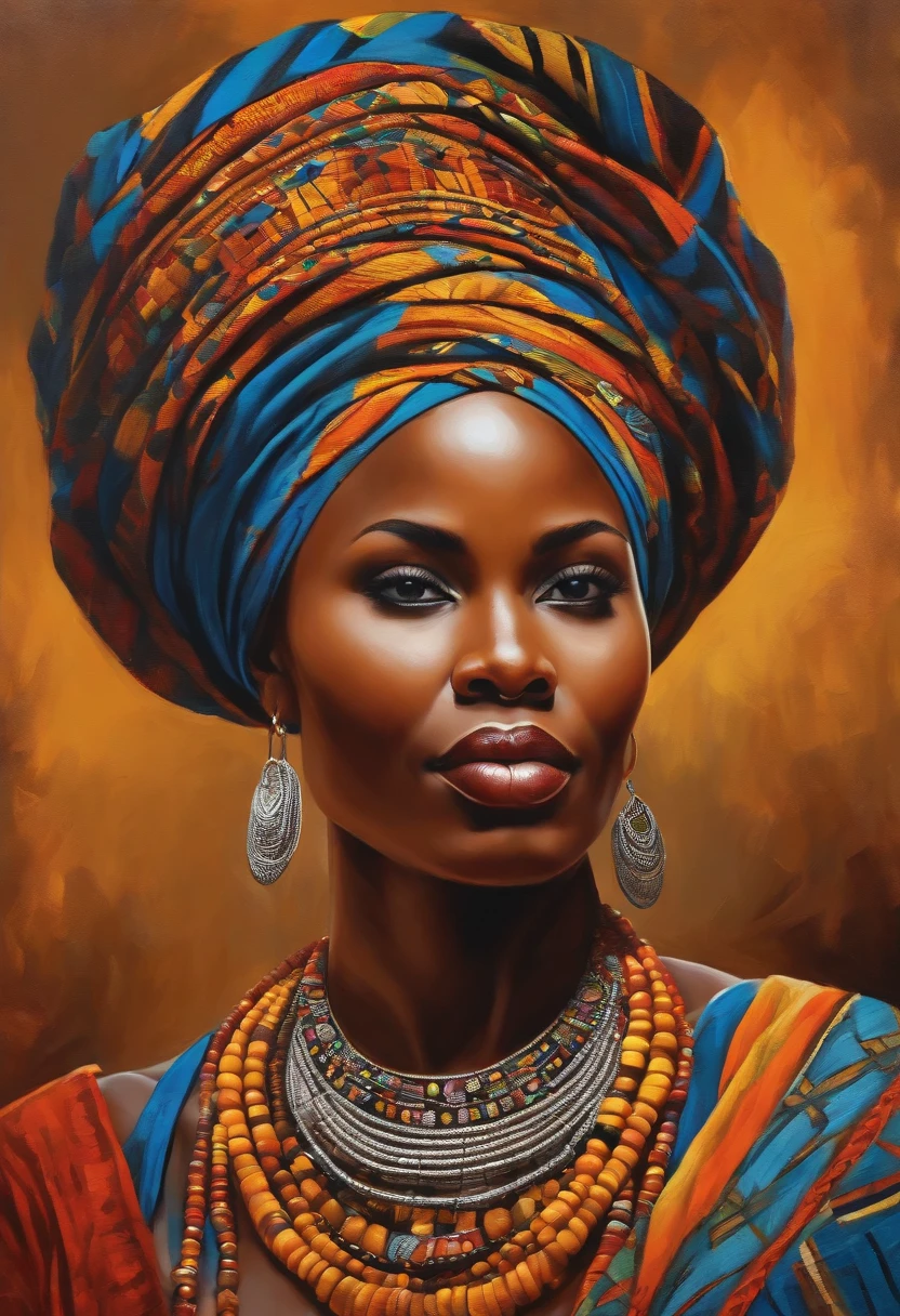 A portrait of a stunning hausa woman depicted in vibrant colors and patterns, celebrating her African heritage. The artwork showcases intricate details and bold brushstrokes, capturing the essence of her beauty and radiance. The image is ideal for a contemporary and culturally inspired wall art piece.