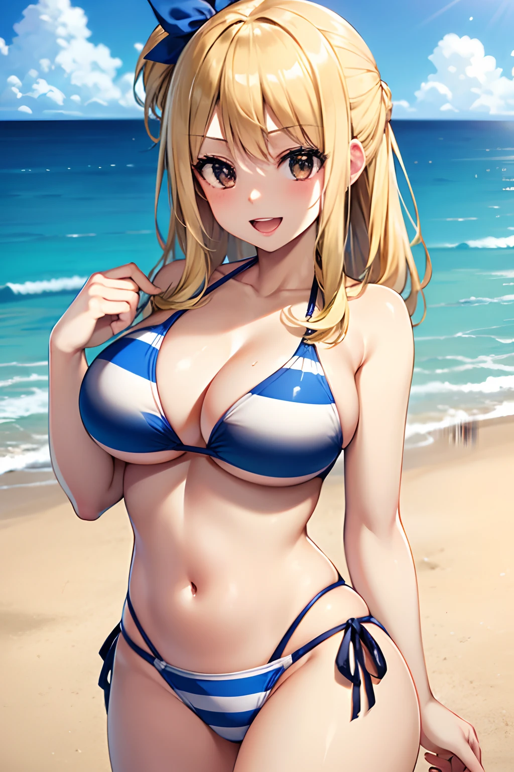 Master masterpiece, top-quality, High Definition, , Lucy Heartphilia, blonde hair, length hair, large full breasts, Smile with open mouth, Solo、cowboy shot, (Blue stripes々bikini of:1.3)、(the beach:1.3)、