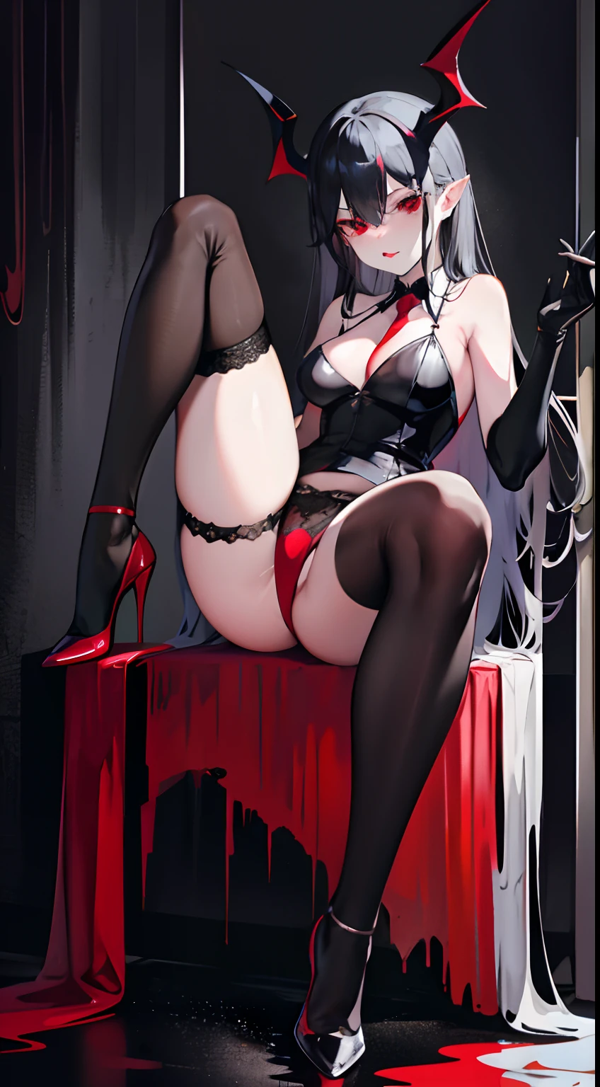 black lence stockings,high-heels,sitted,opening legs,is shy,Transparent underwear,soaking wet,Liquid runoff,red eyes,Arrogant,succubi,The demons,Stick out your tongue,Bad laughs