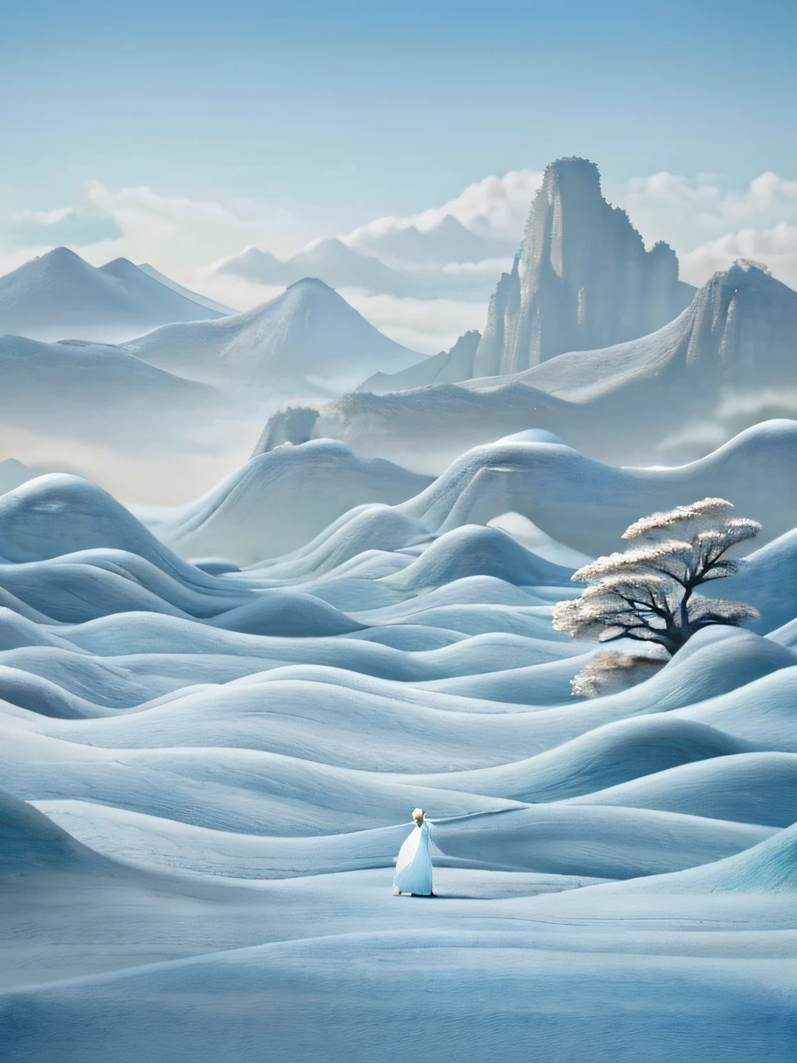 Abu:
[pic]

Abu:
Hanfu man standing near white
Artificial structural perspective, eastern
era, In a flowing landscape style, song
Dynasty fine brush landscape painting
Render in Cinema4D, Organic flow form
Topography of northern China, light blue and white,
mediterranean vista, Ultra-wide angle
Wavy resin sheet --AR 58:77