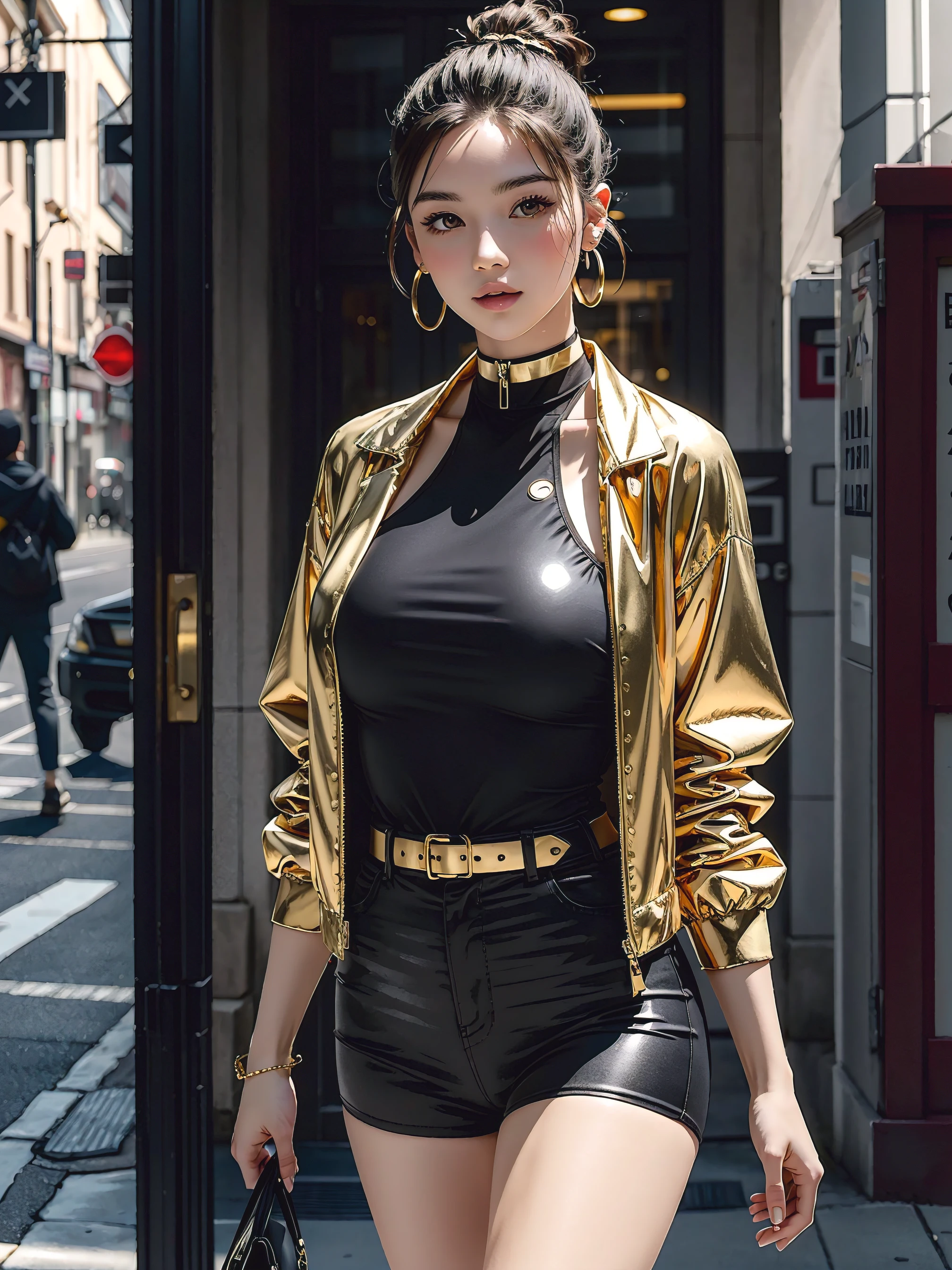 (best quality, masterpiece:1.2), (best illustration), (extremely detailed illustration), (looking at viewer:1.4), (full_body), (1girl, yo:1.2), (gigantic_breasts:1.0), (gold_clothing_theme:1.2), stunning intricate metallic one-piece swimsuit, High-Waisted_Denim_short_Shorts, Metallic Belt, Silver Hoop Earrings, Metallic Choker, Sleek Ponytail, Cool-Toned Makeup, (sweat:1.2), (pointy_ears:1.3), city, shoulder_guard, (short_jacket), cross_accessories,
