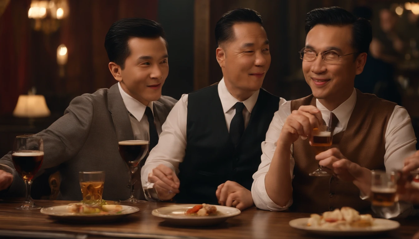 photorealestic，the background is clean，Two Chinese men，At the dinner table，A young man in his 20s with black hair，A middle-aged man in his fifties and sixties，Clink glasses and drink beer