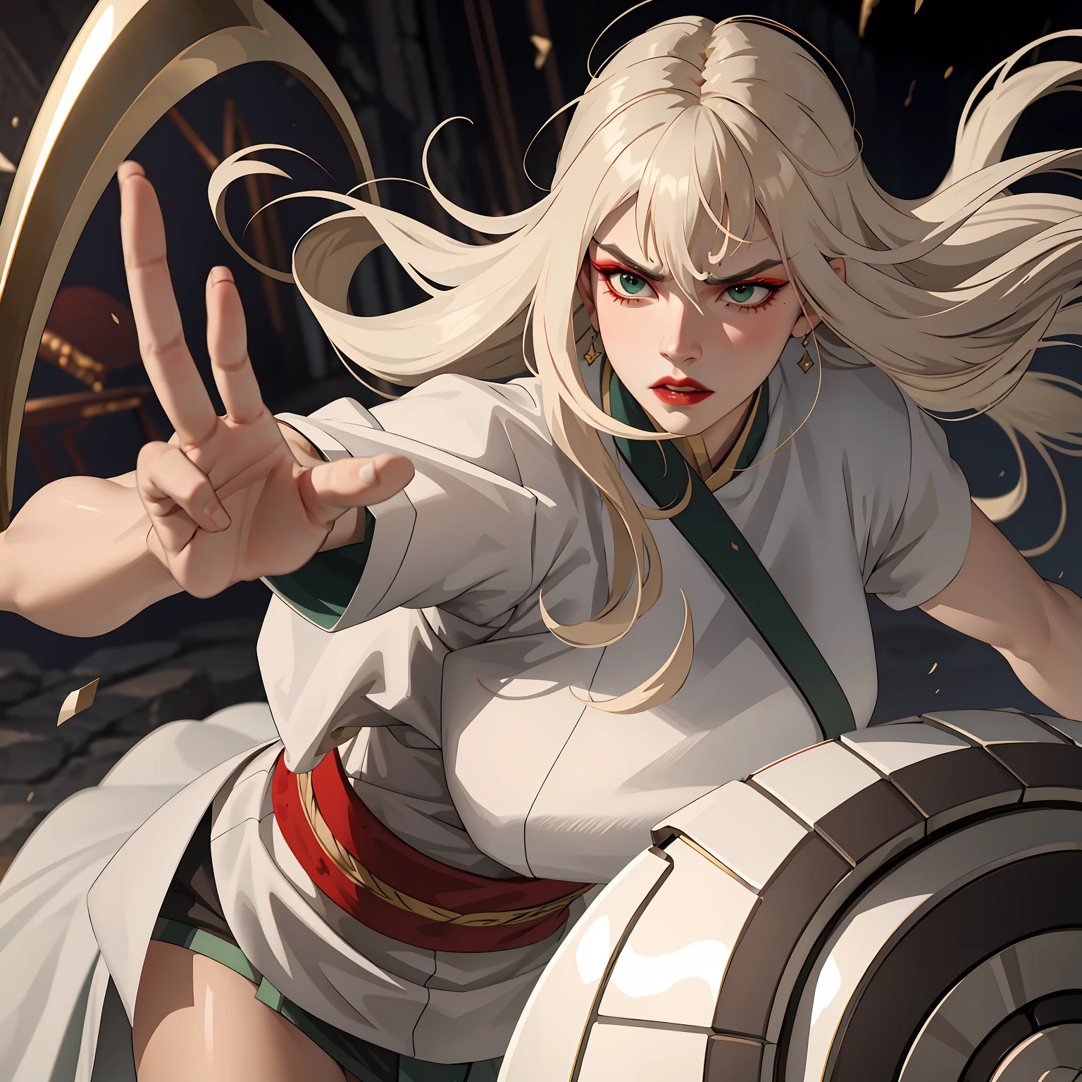 (masterpiece:1.2, best quality), (real picture, intricate details), 1lady, solo, upper body, fighting, fight pose, long hair, heavy makeup, white face, red lipstick, red eyeshadow, natural fabrics, close-up face, angry, angry expression, warrior, female warrior, armour, really long light platinum blonde hair, platinum blonde voluminous hair, cute bangs, hair bangs, bangs between eyes, soft bangs on forehead, green eyes, mature face, 1female, 1woman, 1beautiful girl, Kyoshi uniform, Kyoshi makeup, Kyoshi Warrior (Avatar the Last Airbender), (fighting), (fight pose)