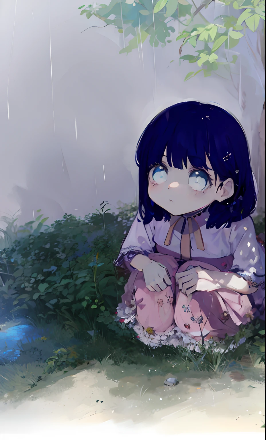 Art quality 8k Anime girl sitting on grass under a tree in the rain, visual anime de uma menina bonito, Art not Guweiz style, Depois da chuva e sem meninas, with a sad expression, the anime girl is crouching, Yume Nikki, chovendo!!, em estilo anime, Tears on Rain, dreamy psychedelic anime, kawaii chuvoso sombrio, Garota anime com cabelos azuis e olhos branco, menina com cabelo azuis, olhos gelados, menina do cabelo pretos-azulados, Manga art style, Nice anime art style, Retrato estilo anime, Shikami, retrato bonito do anime, retrato detalhado da menina do anime, arte anime de alta qualidade, Estilo Pixiv, Estilo de arte de anime, visual anime de uma menina bonito, menina de olhos brancos