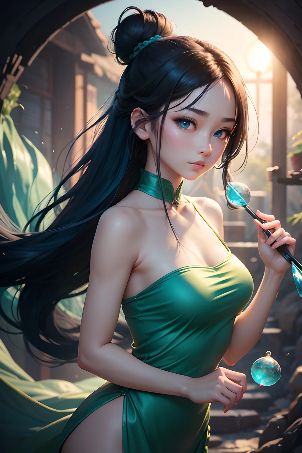 High definition, chinese animated style, lush body anime girl in a short flowing blue revealing dress, long black hair tied in bun with green jade hairpin, innocent expression, bright big blue eyes, holding a round crystal, natural beauty, vibrant colors, dreamy, nothern light, pink bubble, romantic, soft lighting, vintage aesthetic