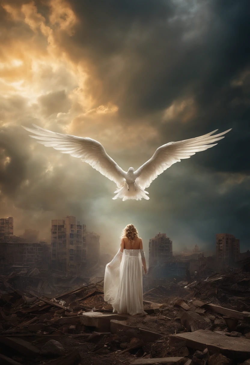 angel coming from heaven, city completely destroyed, people looking at heaven
