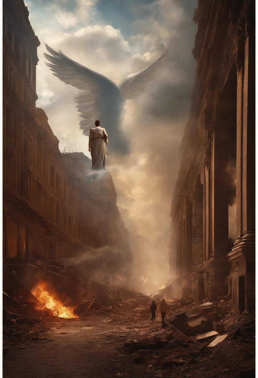 angel coming from heaven, city completely destroyed, people looking at heaven