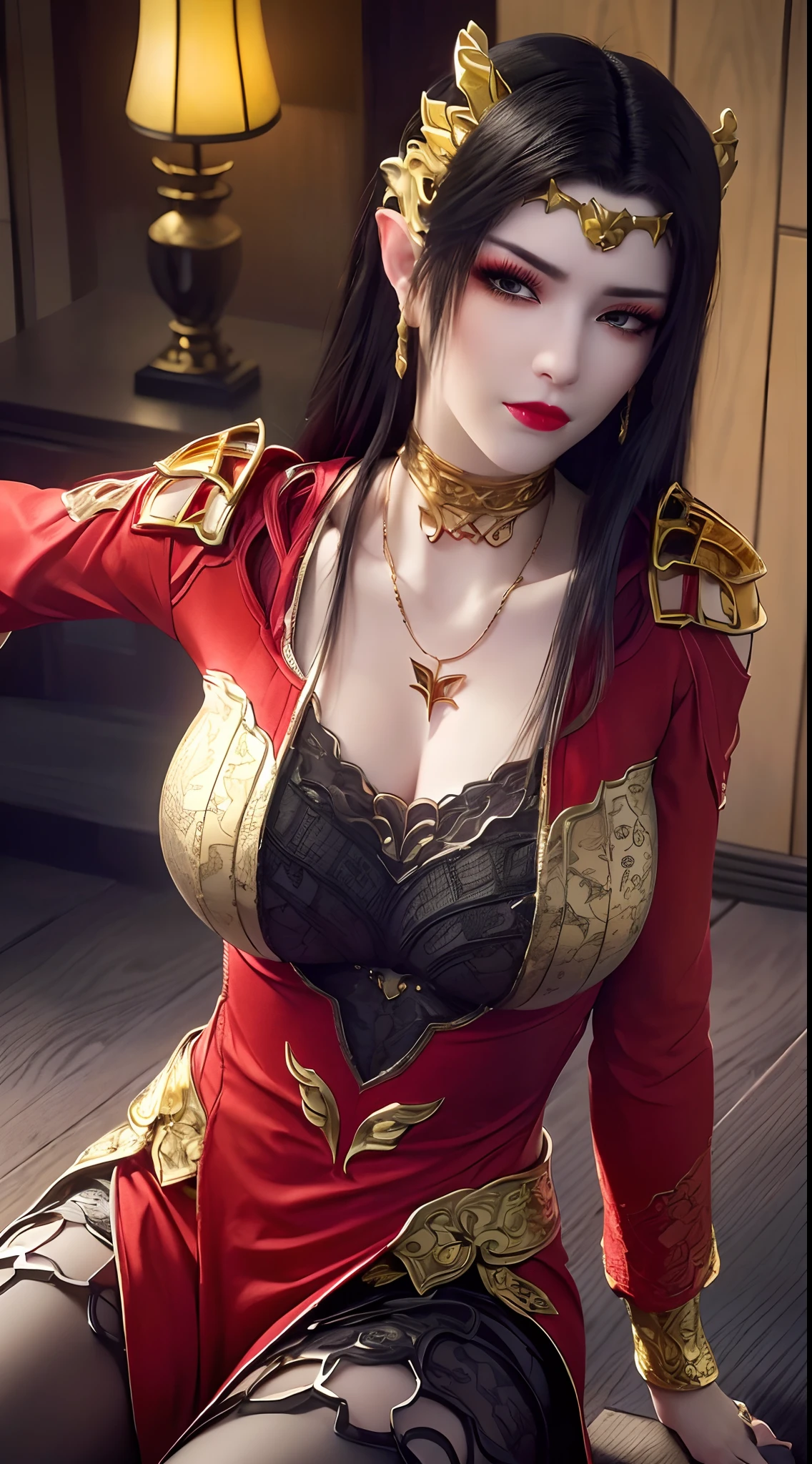 1 extremely beautiful queen, ((wearing traditional red hanfu with thin black patterns:1.6)), (((Patterns on clothes:1.6))), ((long black hair:1.6 )), elaborately crafted jewelry from precious stones and beautiful hair, (((wearing a 24k gold lace necklace:1.4))), noble, noble style of an extremely beautiful girl, Super cute little face, very pretty face, thin eyebrows, flawless beautiful face, ((black eye pupils: 0.8)), very beautiful eyes, ((platinum blue eyes: 1 ,6)), (((wide eyes: 1.6))), beautiful and detailed makeup, wet eye makeup eyelashes, high nose, earrings, red lips, ((closed mouth: 1.5) ) beautiful lips, slim arms, most beautiful thighs, ((arms behind and spread out to the sides: 1.5)), ((bent sitting position with chest out toward the audience and arms behind: 1.6) ), rosy face, clean face, flawless beautiful face, smooth white skin, (( super big and round firm breasts: 1.8)), firm breasts, beautiful cleavage, beautiful breasts, body perfect and proportioned, back arms, open chest, black sheer stockings with black lace trim, 8k photo, super high quality, hyper realistic, super 10 x pixel, optical, bright studio, bright edges, lighting two-tone, (high detail skin: 1.2), ultra 8k, soft light, high quality, volumetric light, optical, optical high resolution, light, best shot, quality 4k, 8k, smooth sharpness, 10 x pixels, ((sea and moonlight at night background: 1.5)), surreal graphics, most realistic graphics, 1 girl, alone, solo, extreme visuals sharp, surreal, (((frontal portrait: 1)))."