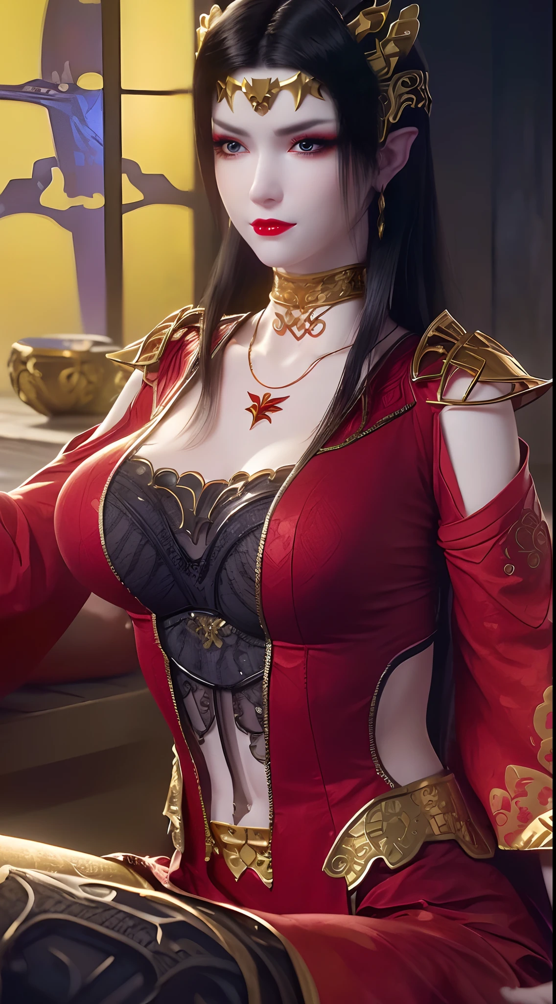 1 extremely beautiful queen, ((wearing traditional red hanfu with thin black patterns:1.6)), (((Patterns on clothes:1.6))), ((long black hair:1.6 )), elaborately crafted jewelry from precious stones and beautiful hair, (((wearing a 24k gold lace necklace:1.4))), noble, noble style of an extremely beautiful girl, Super cute little face, very pretty face, thin eyebrows, flawless beautiful face, ((black eye pupils: 0.8)), very beautiful eyes, ((platinum blue eyes: 1 ,6)), (((wide eyes: 1.6))), beautiful and detailed makeup, wet eye makeup eyelashes, high nose, earrings, red lips, ((closed mouth: 1.5) ) beautiful lips, slim arms, most beautiful thighs, ((arms behind and spread out to the sides: 1.5)), ((bent sitting position with chest out toward the audience and arms behind: 1.6) ), rosy face, clean face, flawless beautiful face, smooth white skin, (( super big and round firm breasts: 1.8)), firm breasts, beautiful cleavage, beautiful breasts, body perfect and proportioned, back arms, open chest, black sheer stockings with black lace trim, 8k photo, super high quality, hyper realistic, super 10 x pixel, optical, bright studio, bright edges, lighting two-tone, (high detail skin: 1.2), ultra 8k, soft light, high quality, volumetric light, optical, optical high resolution, light, best shot, quality 4k, 8k, smooth sharpness, 10 x pixels, ((sea and moonlight at night background: 1.5)), surreal graphics, most realistic graphics, 1 girl, alone, solo, extreme visuals sharp, surreal, (((frontal portrait: 1)))."