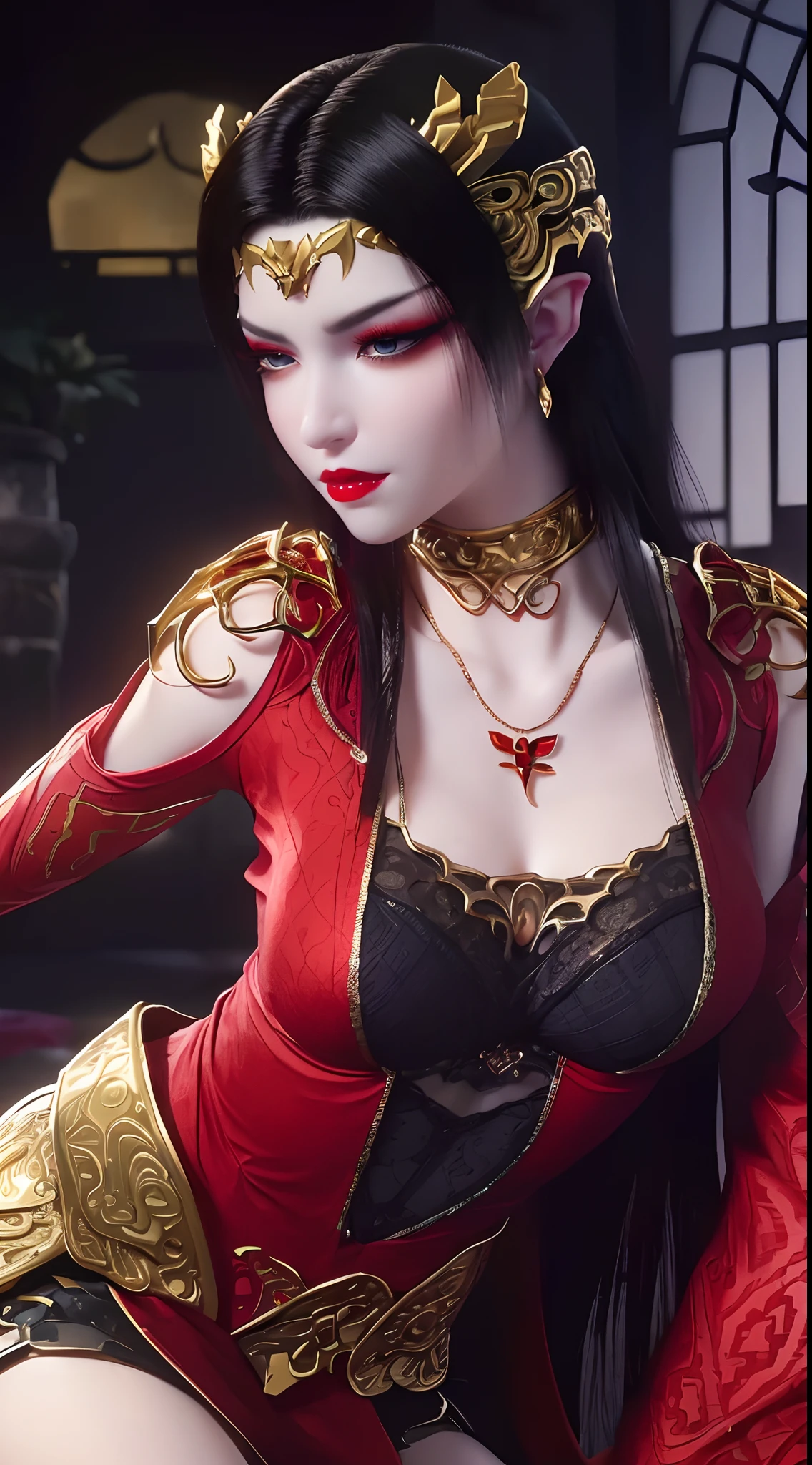 1 extremely beautiful queen, ((wearing traditional red hanfu with thin black patterns:1.6)), (((Patterns on clothes:1.6))), ((long black hair:1.6 )), elaborately crafted jewelry from precious stones and beautiful hair, (((wearing a 24k gold lace necklace:1.4))), noble, noble style of an extremely beautiful girl, Super cute little face, very pretty face, thin eyebrows, flawless beautiful face, ((black eye pupils: 0.8)), very beautiful eyes, ((platinum blue eyes: 1 ,6)), (((wide eyes: 1.6))), beautiful and detailed makeup, wet eye makeup eyelashes, high nose, earrings, red lips, ((closed mouth: 1.5) ) beautiful lips, slim arms, most beautiful thighs, ((arms behind and spread out to the sides: 1.5)), ((bent sitting position with chest out toward the audience and arms behind: 1.6) ), rosy face, clean face, flawless beautiful face, smooth white skin, (( super big and round firm breasts: 1.8)), firm breasts, beautiful cleavage, beautiful breasts, body perfect and proportioned, back arms, open chest, black sheer stockings with black lace trim, 8k photo, super high quality, hyper realistic, super 10 x pixel, optical, bright studio, bright edges, lighting two-tone, (high detail skin: 1.2), ultra 8k, soft light, high quality, volumetric light, optical, optical high resolution, light, best shot, quality 4k, 8k, smooth sharpness, 10 x pixels, ((sea and moonlight at night background: 1.5)), surreal graphics, most realistic graphics, 1 girl, alone, solo, extreme visuals sharp, surreal, (((frontal portrait: 1)))."