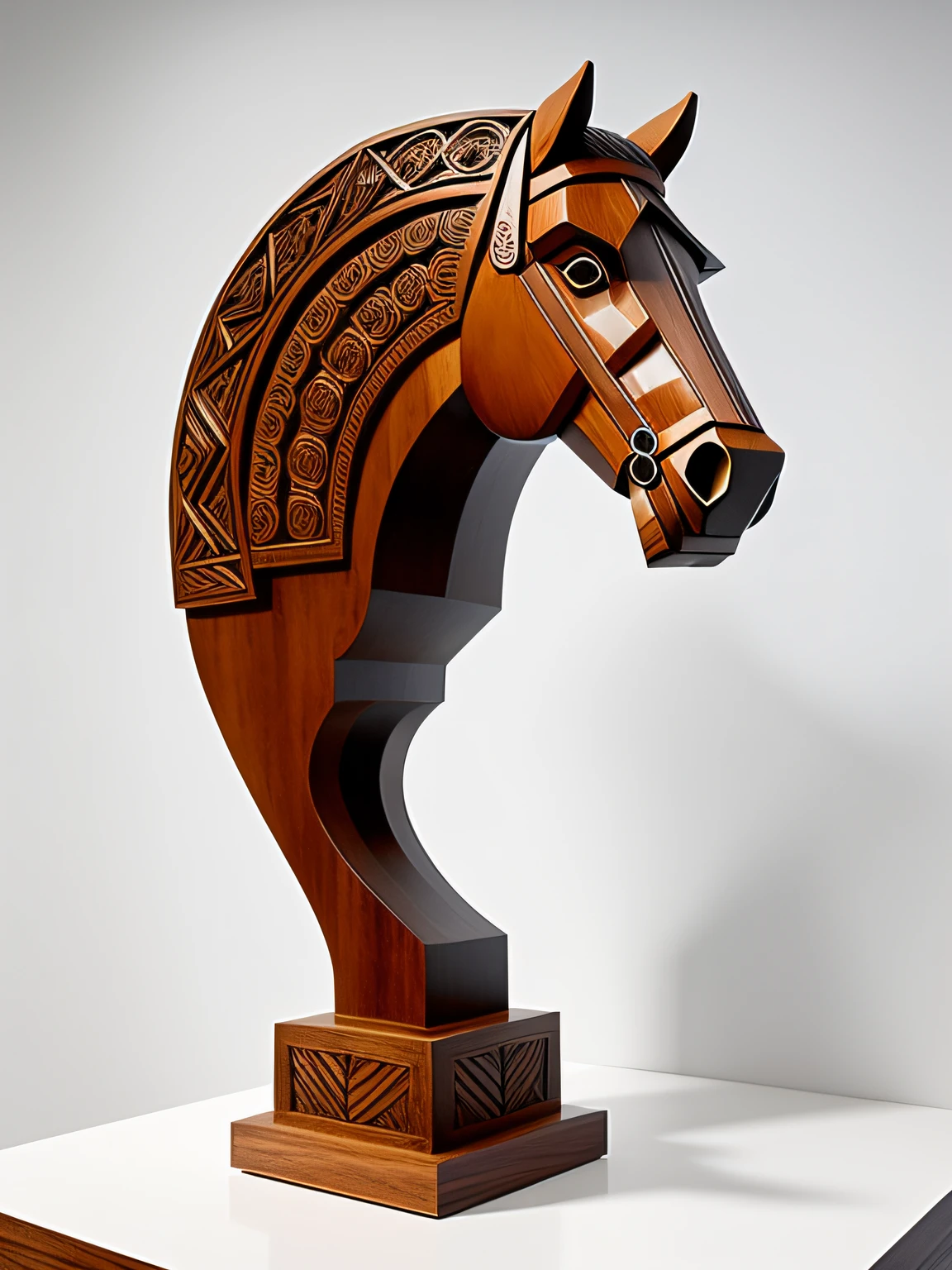 At the bottom of the white wall there is a wooden horse head, carved wood, sculpture made of wood, digital sculpture, wood art, digital horse, cavalos, 3d sculpture, 3d sculpture, with detailed wood, Carved in wood, inspired by Augustin Meinrad Bächtiger, Detailed head, professional woodcarving